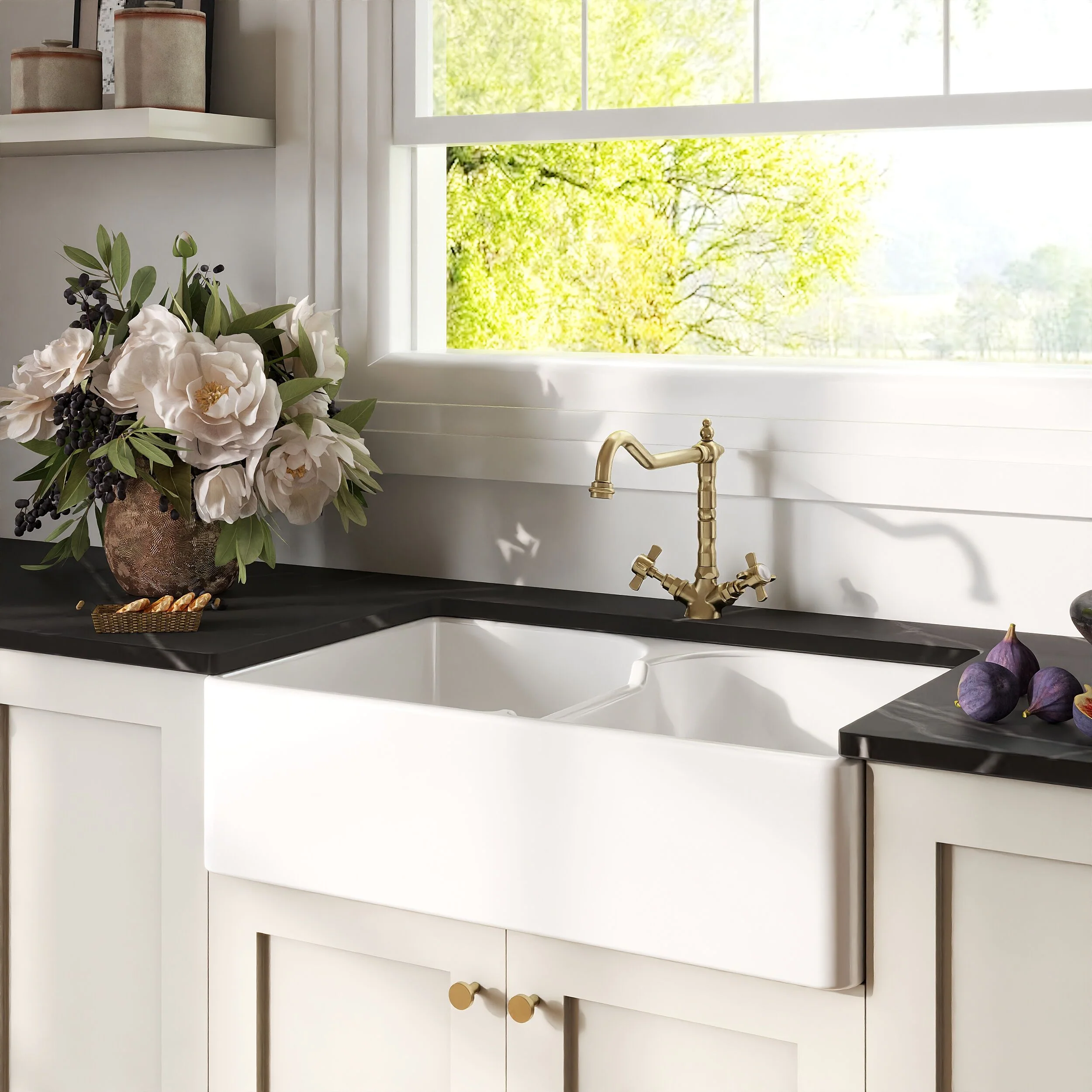 Traditional Fireclay Kitchen Bundle: Double Bowl Stepped Weir Butler Sink, Wastes & French Classic Tap, 795mm - Brushed Brass - Image 5