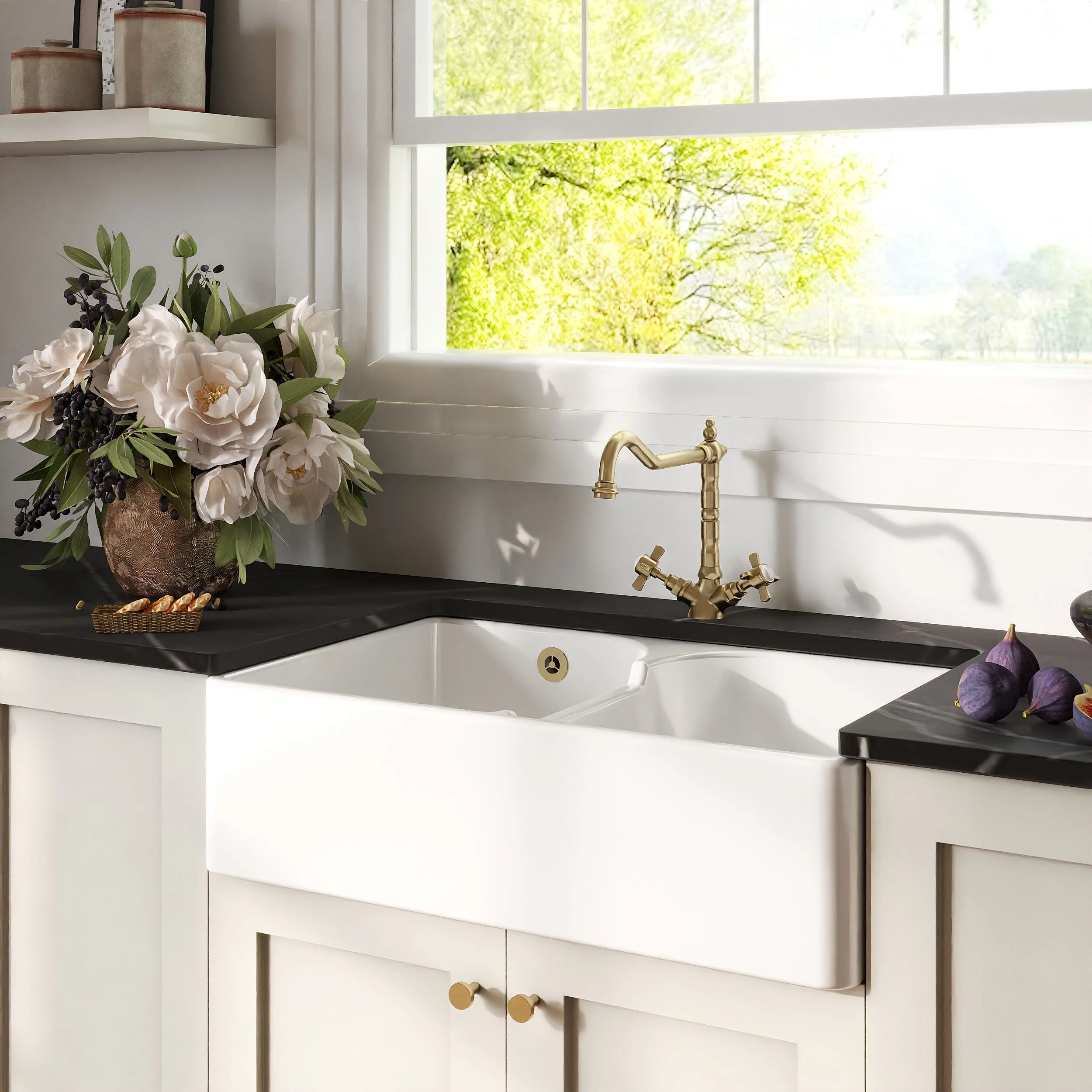 Traditional Fireclay Kitchen Bundle: Double Bowl Stepped Weir Butler Sink, Wastes & French Tap, 795mm - Brushed Brass - Image 4