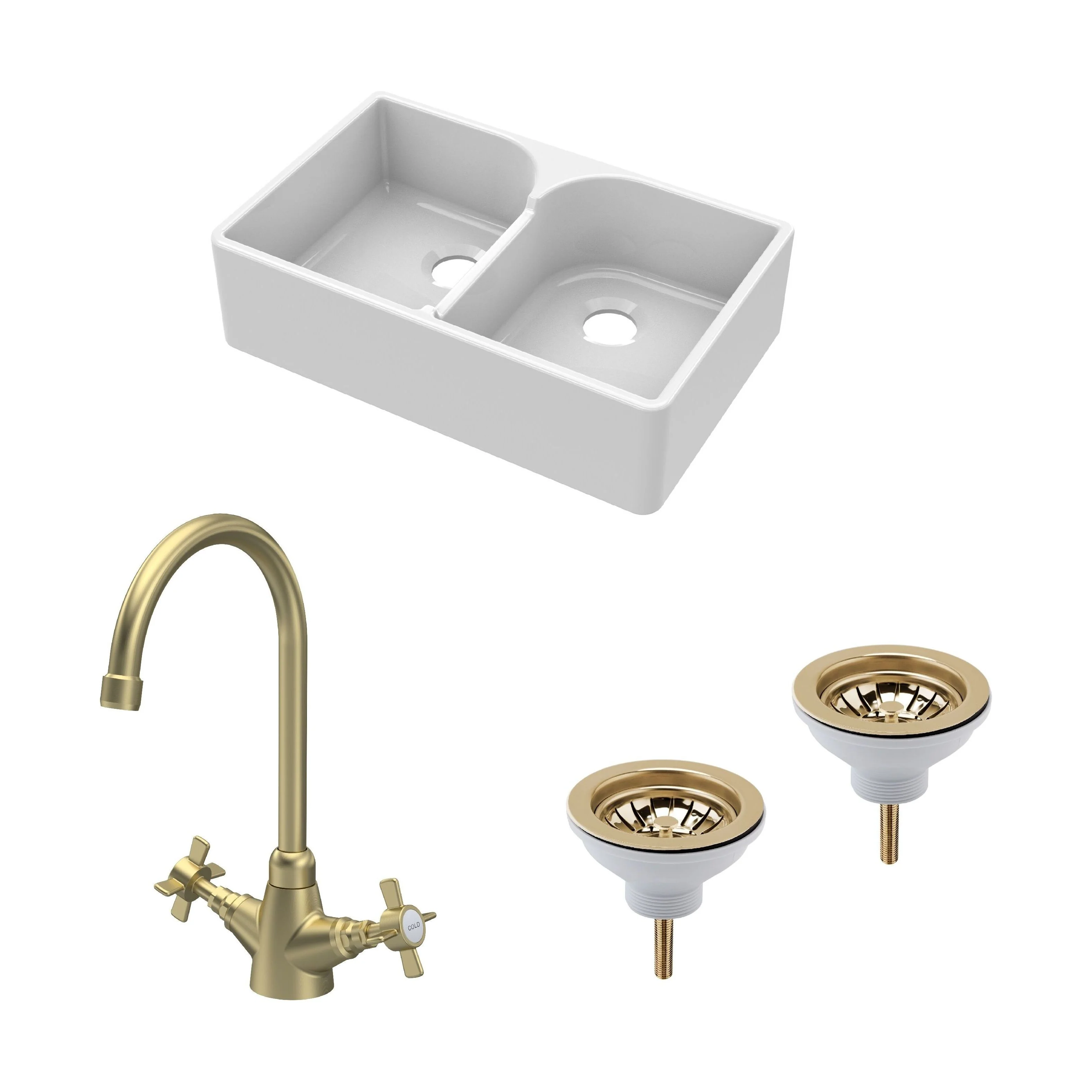 Traditional Fireclay Kitchen Bundle: Double Bowl Stepped Weir Butler Sink, Wastes & Mono Crosshead Tap, 795mm - Brushed Brass