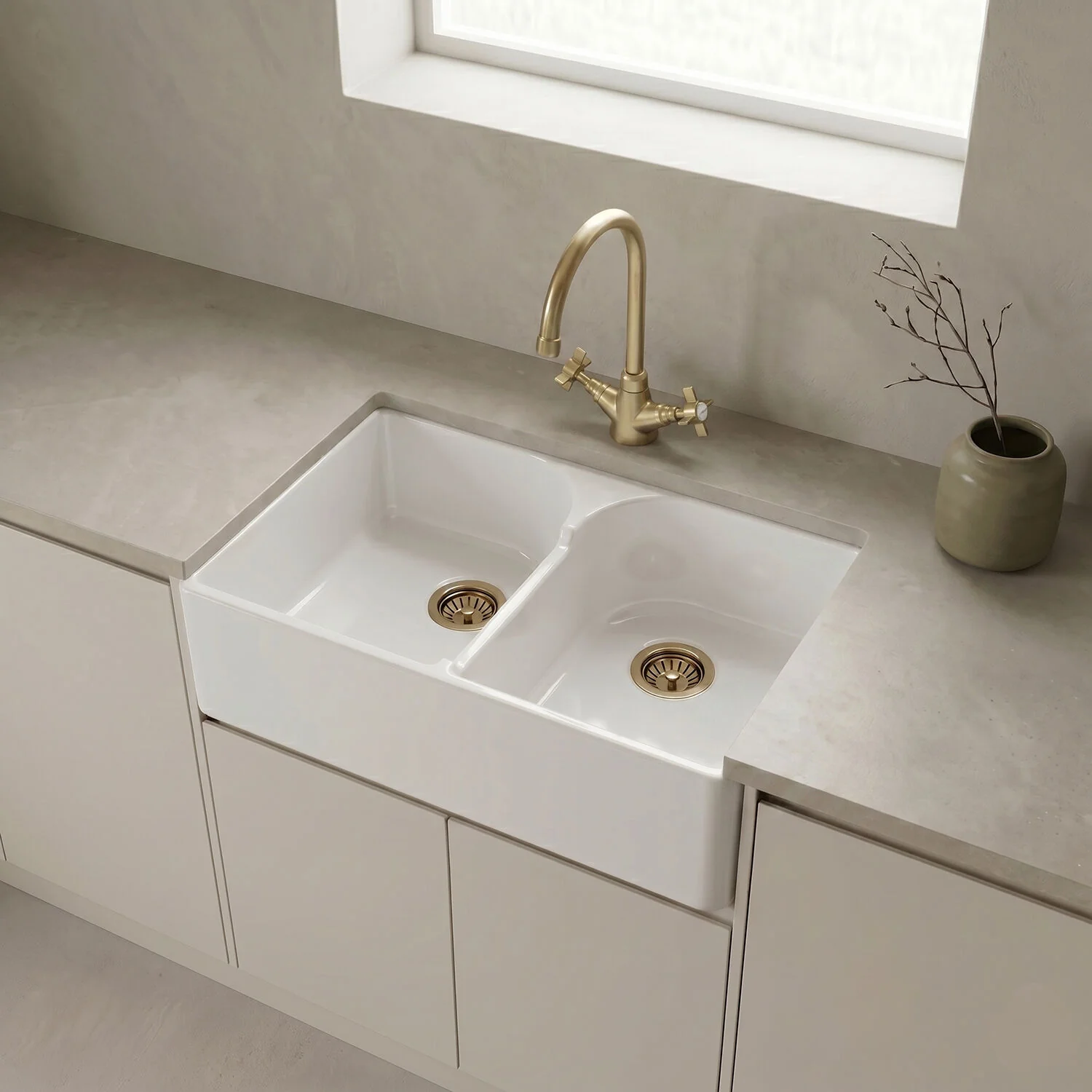 Traditional Fireclay Kitchen Bundle: Double Bowl Stepped Weir Butler Sink, Wastes & Mono Crosshead Tap, 795mm - Brushed Brass - Image 2