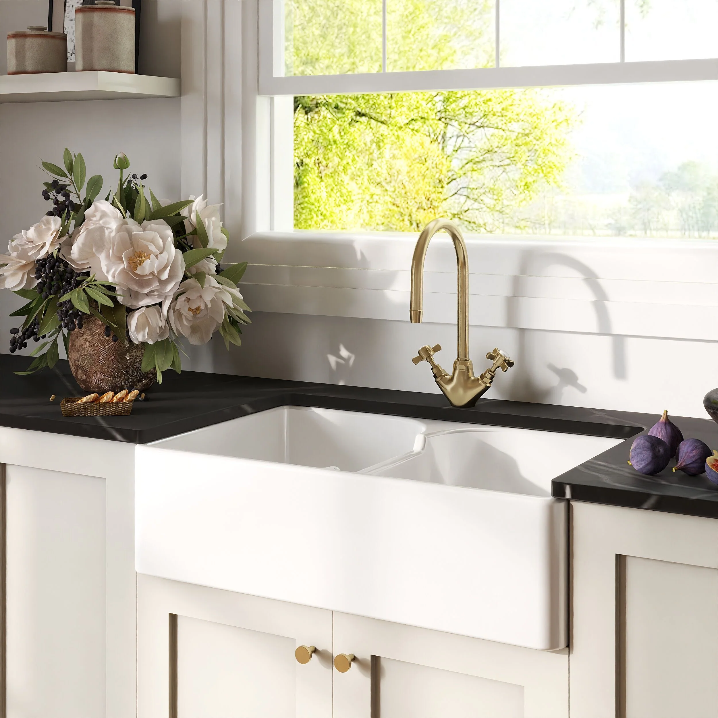 Traditional Fireclay Kitchen Bundle: Double Bowl Stepped Weir Butler Sink, Wastes & Mono Crosshead Tap, 795mm - Brushed Brass - Image 5