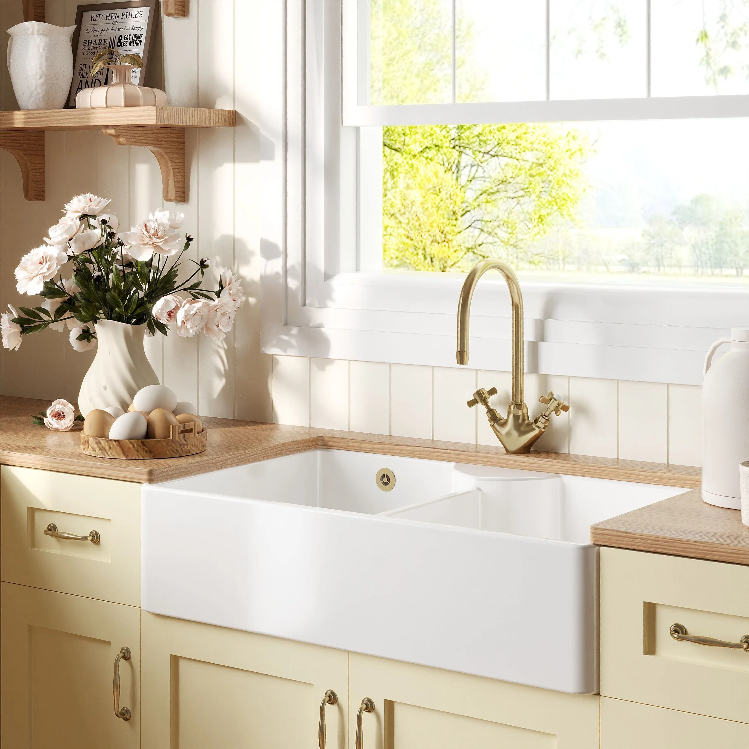 Traditional Fireclay Kitchen Bundle: Double Bowl Stepped Weir Butler Sink, Wastes & Mono Crosshead Tap, 895mm - Brushed Brass - Image 4