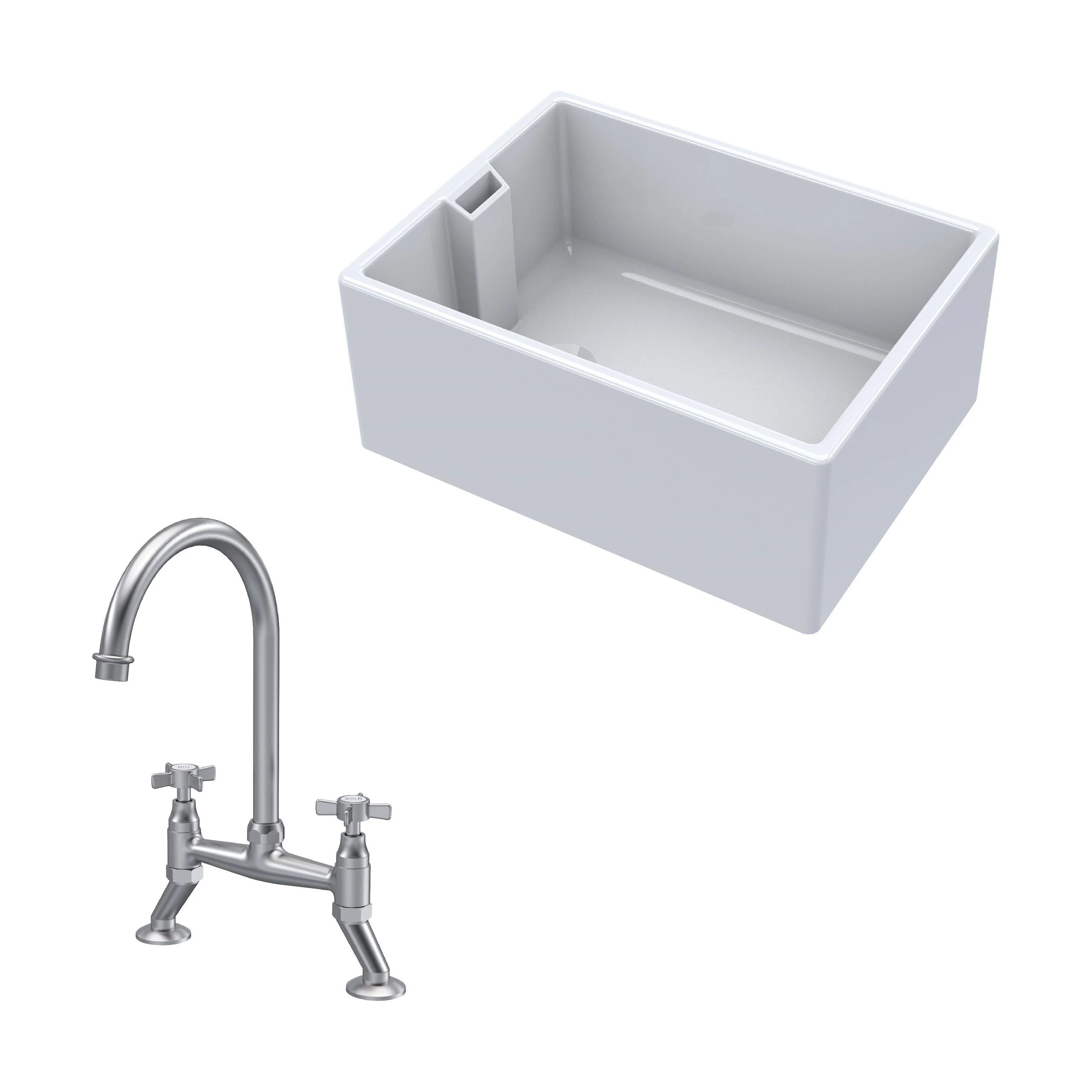 Traditional Fireclay Kitchen Bundle: Single Bowl Belfast Sink & Bridge Crosshead Mixer Tap, 615mm - Brushed Nickel