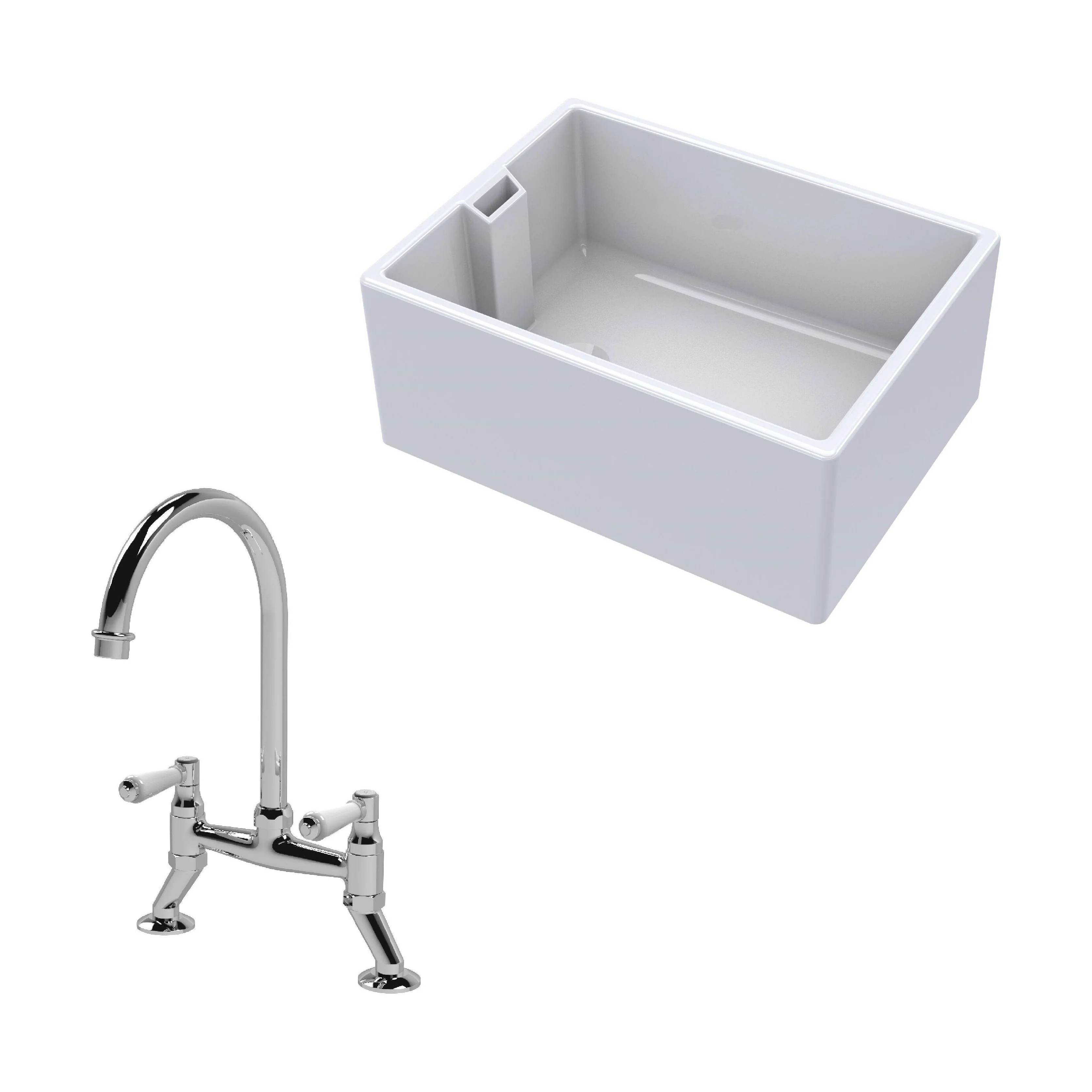 Traditional Fireclay Kitchen Bundle: Single Bowl Belfast Sink & Bridge Mixer Tap, Waste, 615mm - Chrome