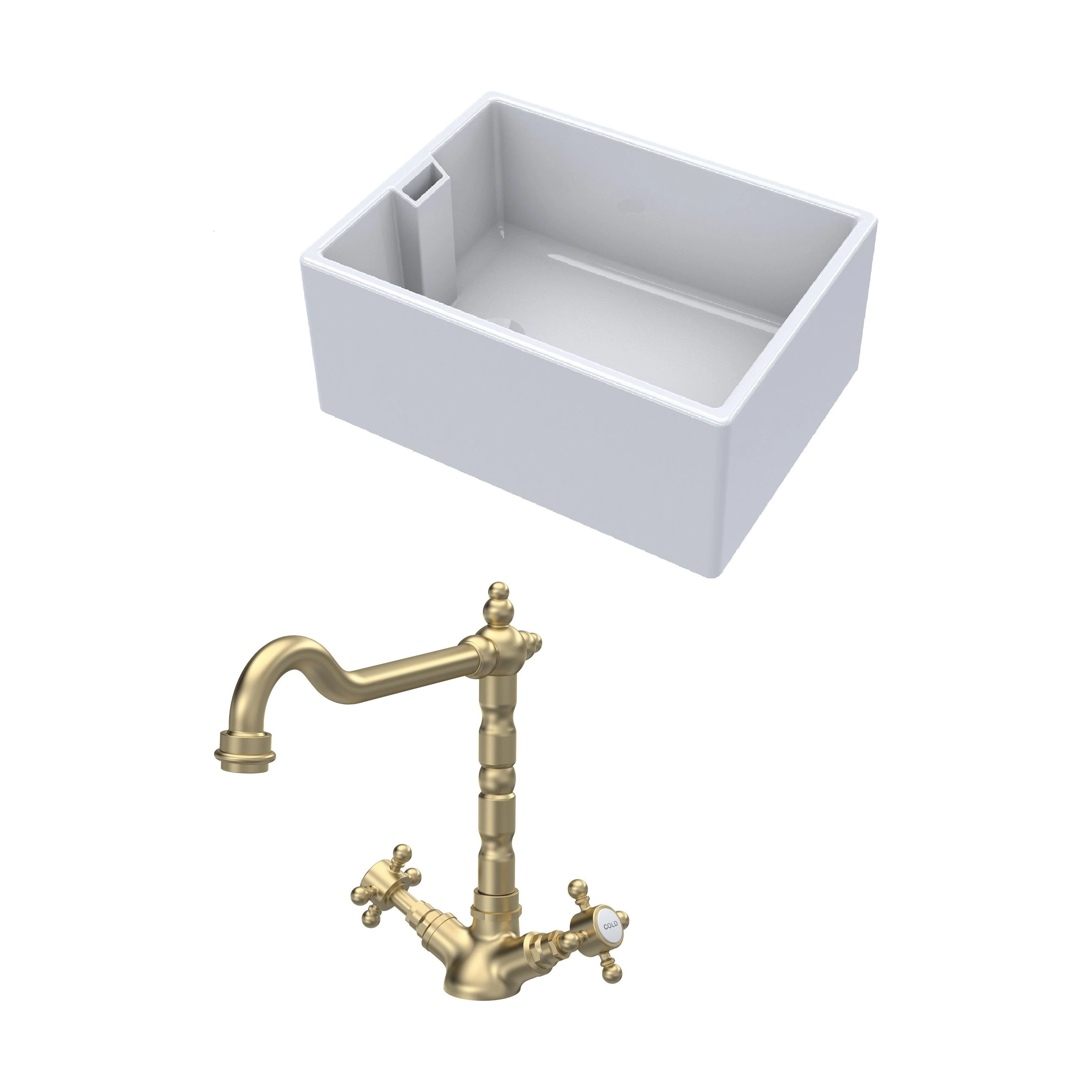 Traditional Fireclay Kitchen Bundle: Single Bowl Belfast Sink & French Classic Mono Tap, 615mm - Brushed Brass