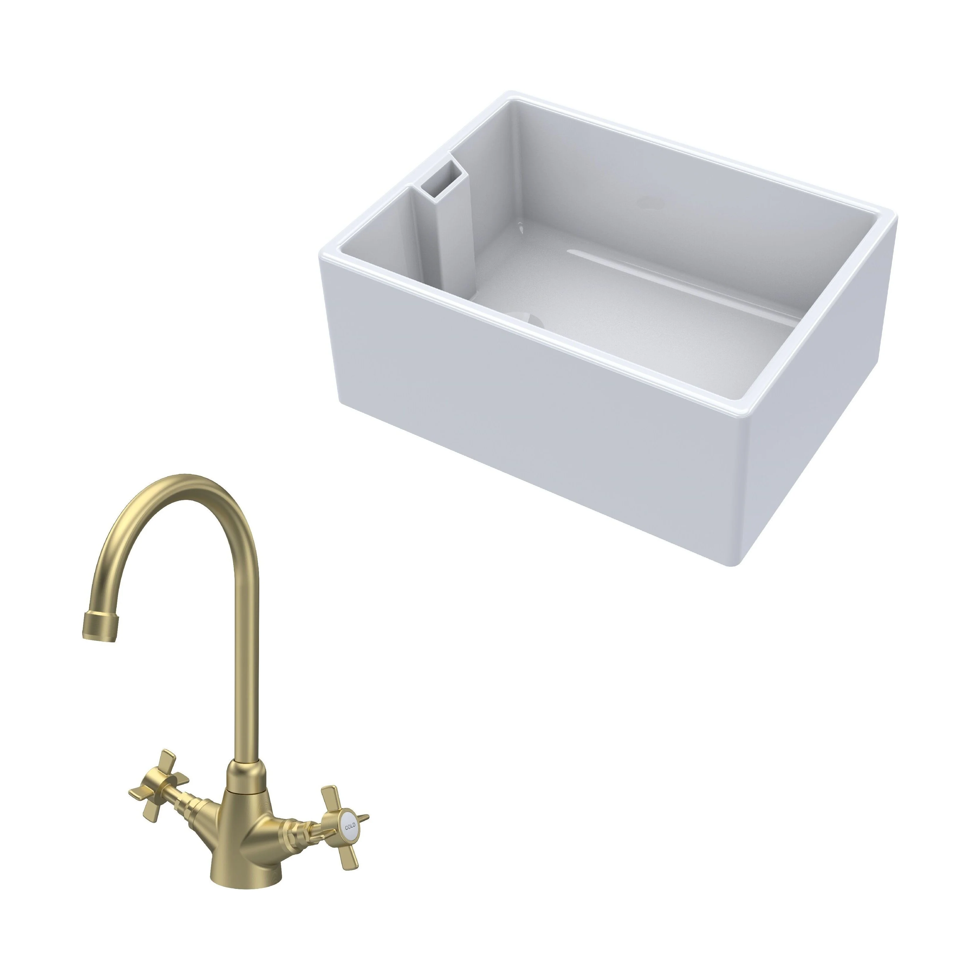 Traditional Fireclay Kitchen Bundle: Single Bowl Belfast Sink & Mono Crosshead Handle Tap, 615mm - Brushed Brass