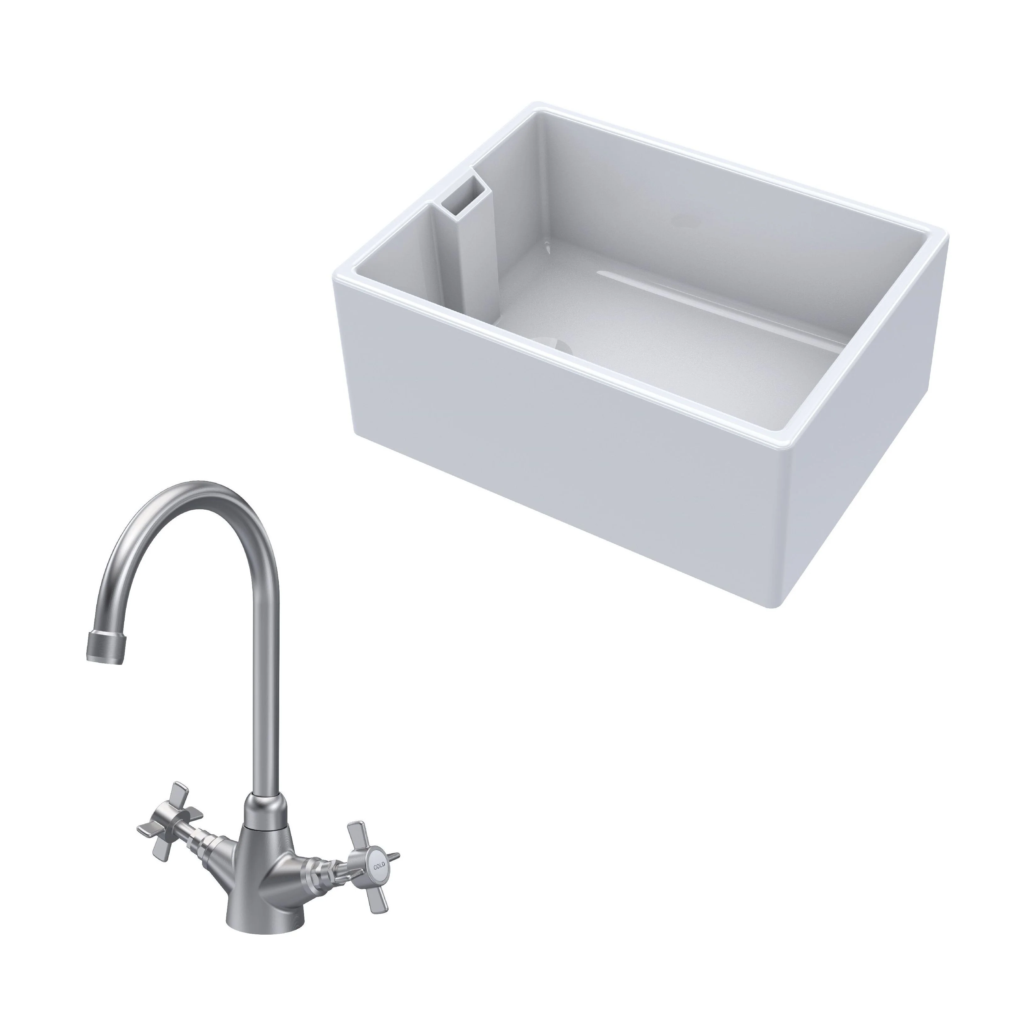 Traditional Fireclay Kitchen Bundle: Single Bowl Belfast Sink & Mono Crosshead Handle Tap, 615mm - Brushed Nickel