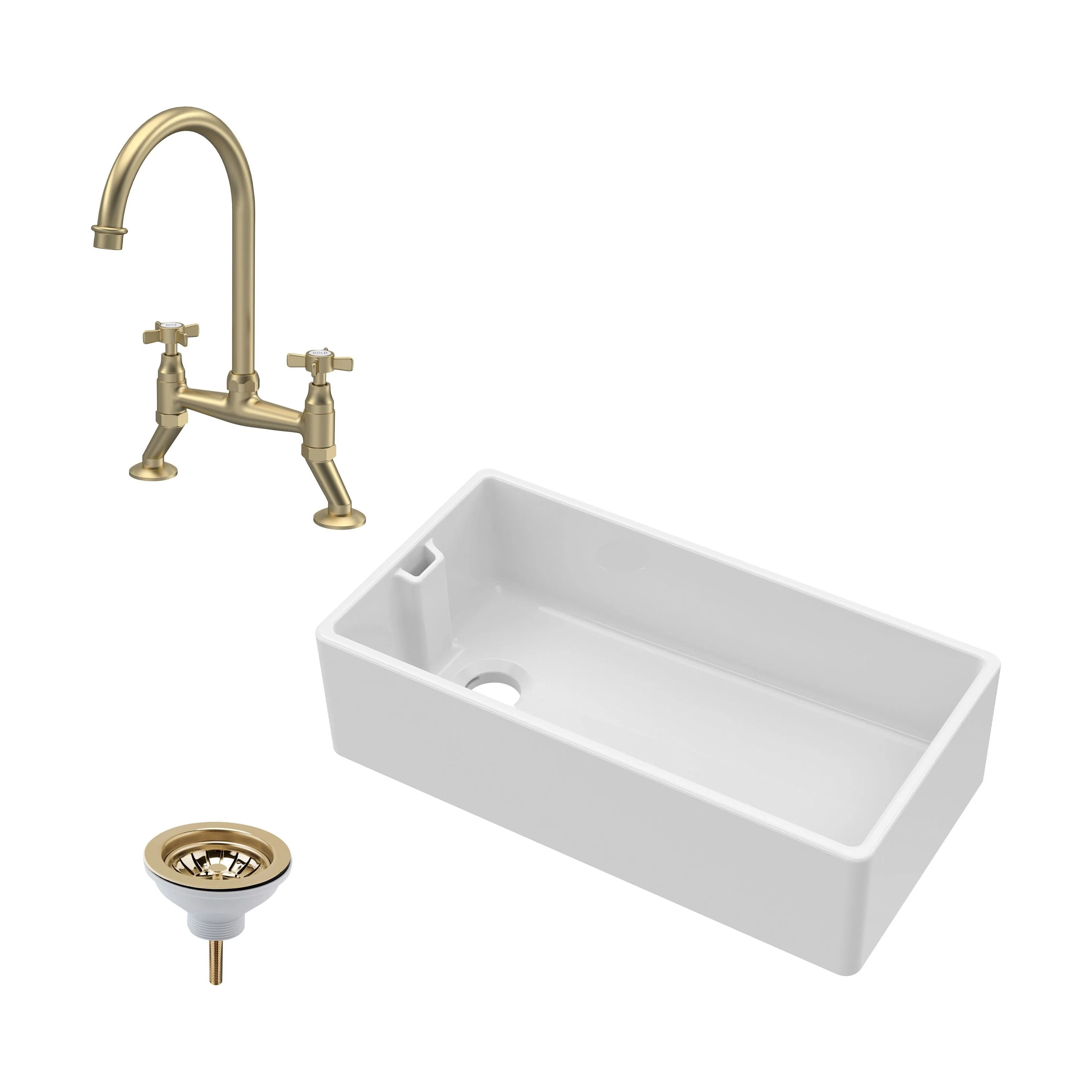 Traditional Fireclay Kitchen Bundle: Single Bowl Belfast Sink, Strainer Waste & Bridge Crosshead Mixer Tap, 895mm - Brushed Brass
