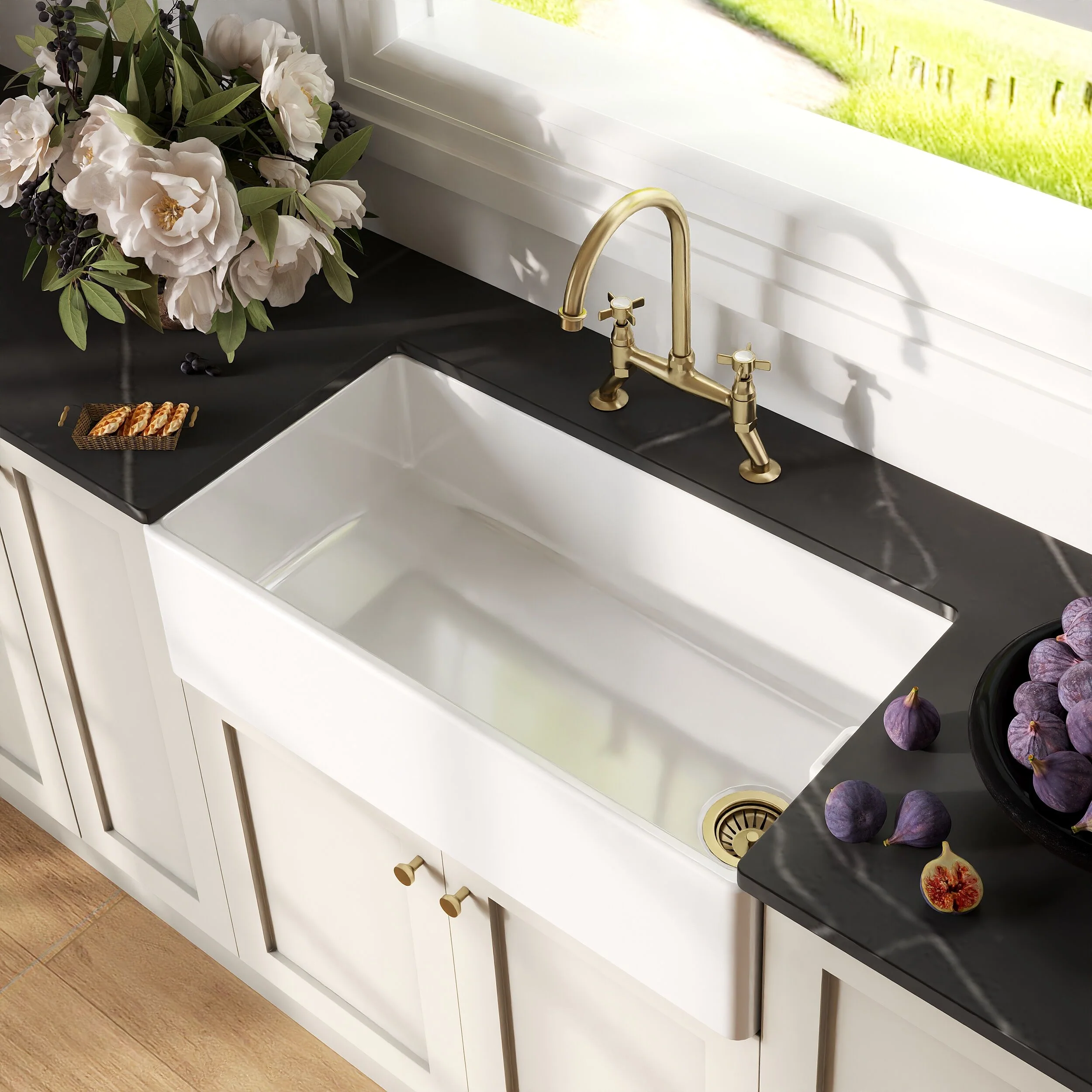 Traditional Fireclay Kitchen Bundle: Single Bowl Belfast Sink, Strainer Waste & Bridge Crosshead Mixer Tap, 895mm - Brushed Brass - Image 3