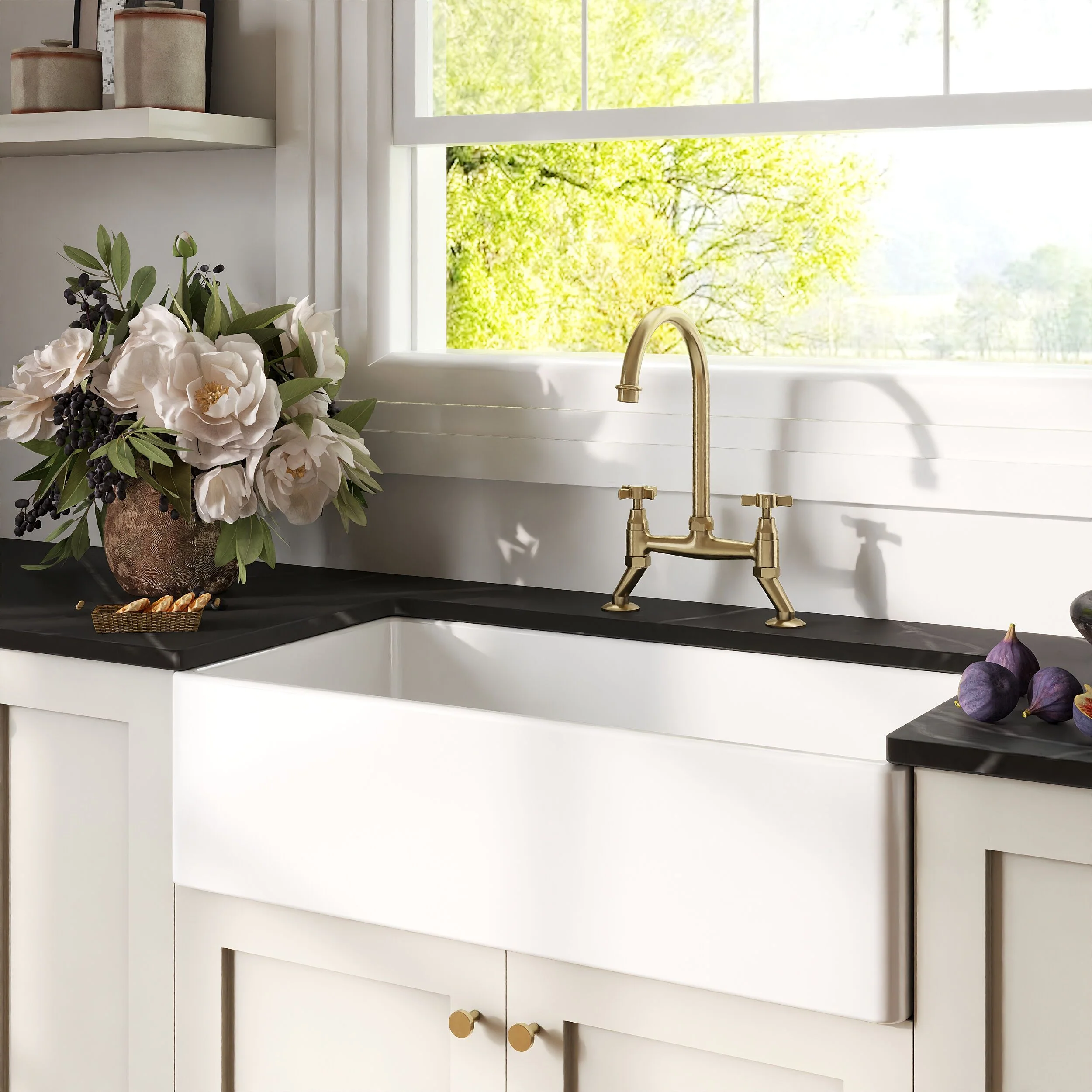Traditional Fireclay Kitchen Bundle: Single Bowl Belfast Sink, Strainer Waste & Bridge Crosshead Mixer Tap, 895mm - Brushed Brass - Image 4
