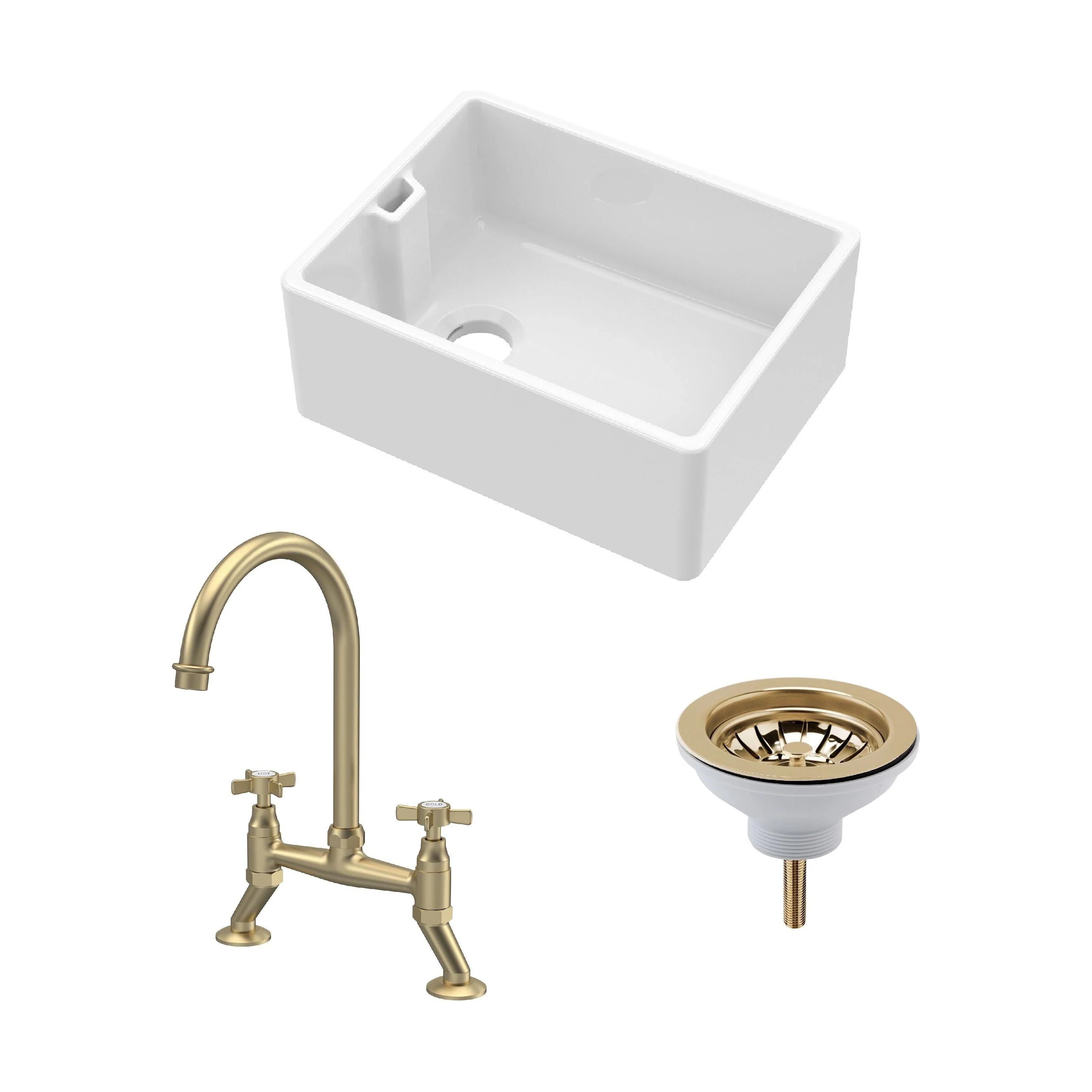 Fireclay Kitchen Bundle - Single Bowl Belfast Sink, Strainer Waste & Bridge Crosshead Tap, 595mm - Brushed Brass