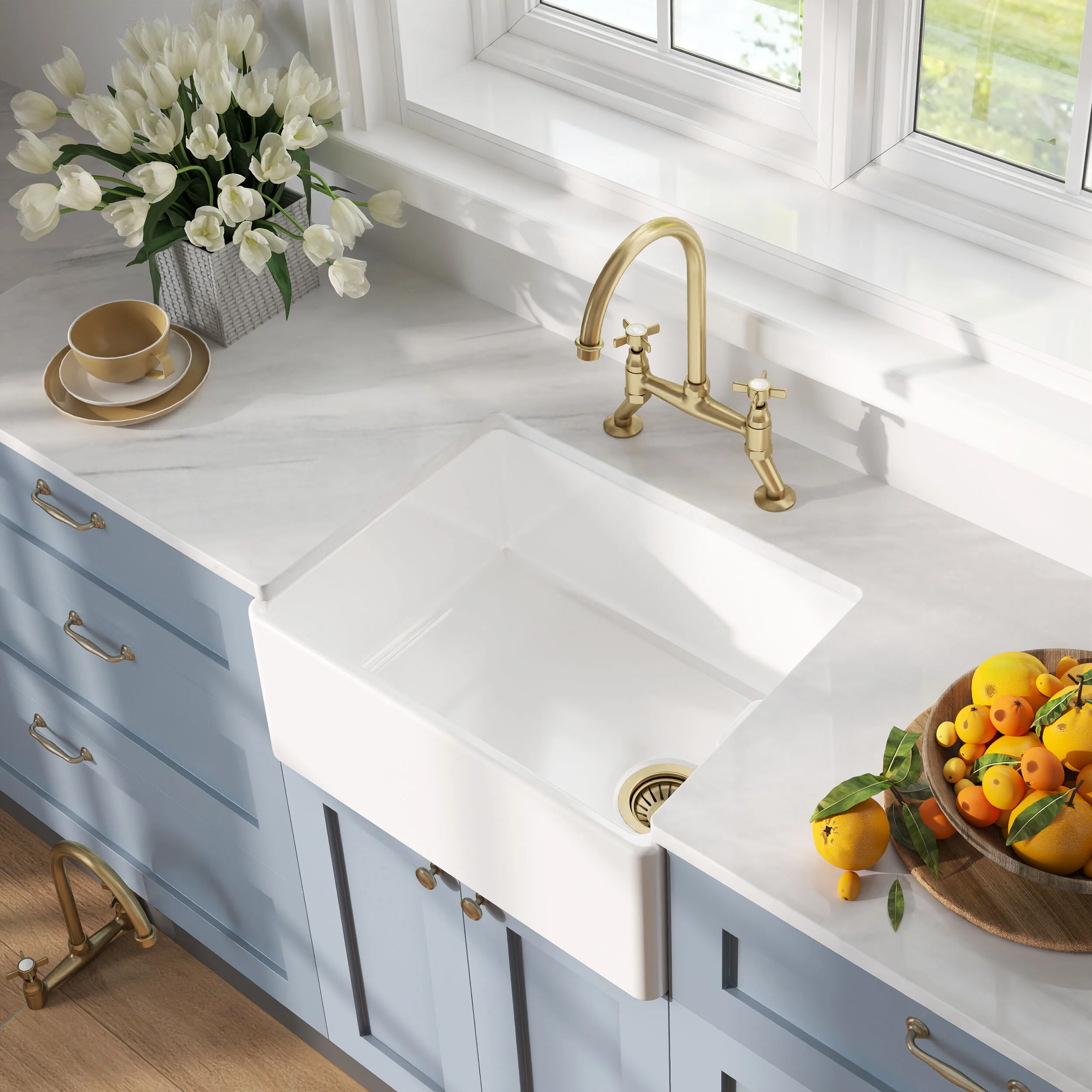 Fireclay Kitchen Bundle - Single Bowl Belfast Sink, Strainer Waste & Bridge Crosshead Tap, 595mm - Brushed Brass - Image 3