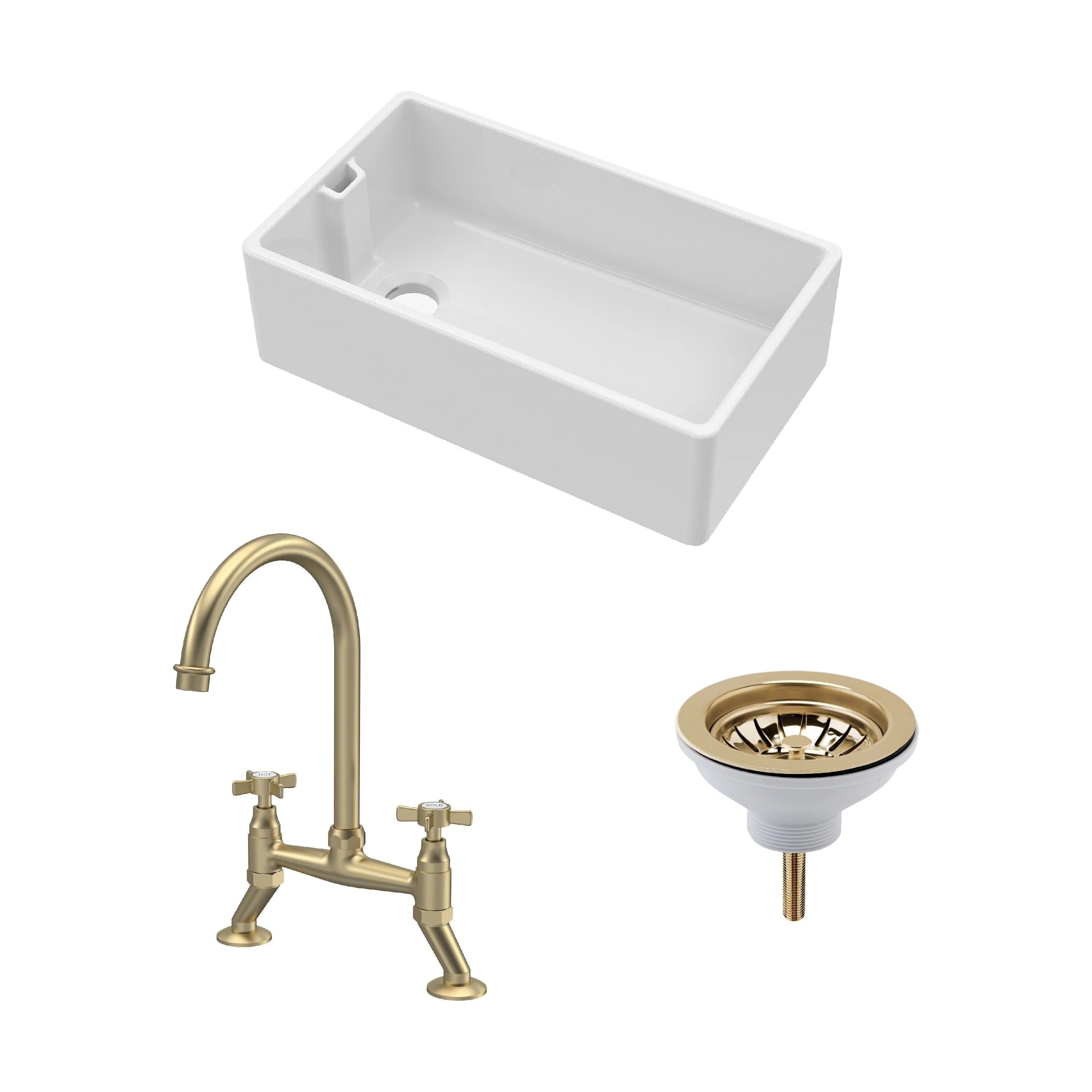 Traditional Fireclay Kitchen Bundle: 1 Bowl Belfast Sink with Strainer Waste & Bridge Crosshead Tap, 795mm - Brushed Brass