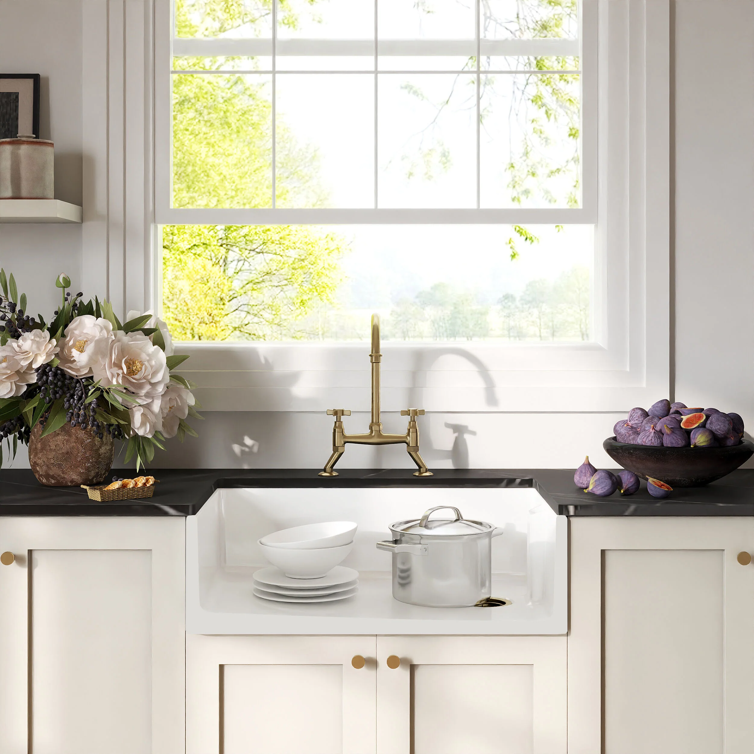 Traditional Fireclay Kitchen Bundle: 1 Bowl Belfast Sink with Strainer Waste & Bridge Crosshead Tap, 795mm - Brushed Brass - Image 2