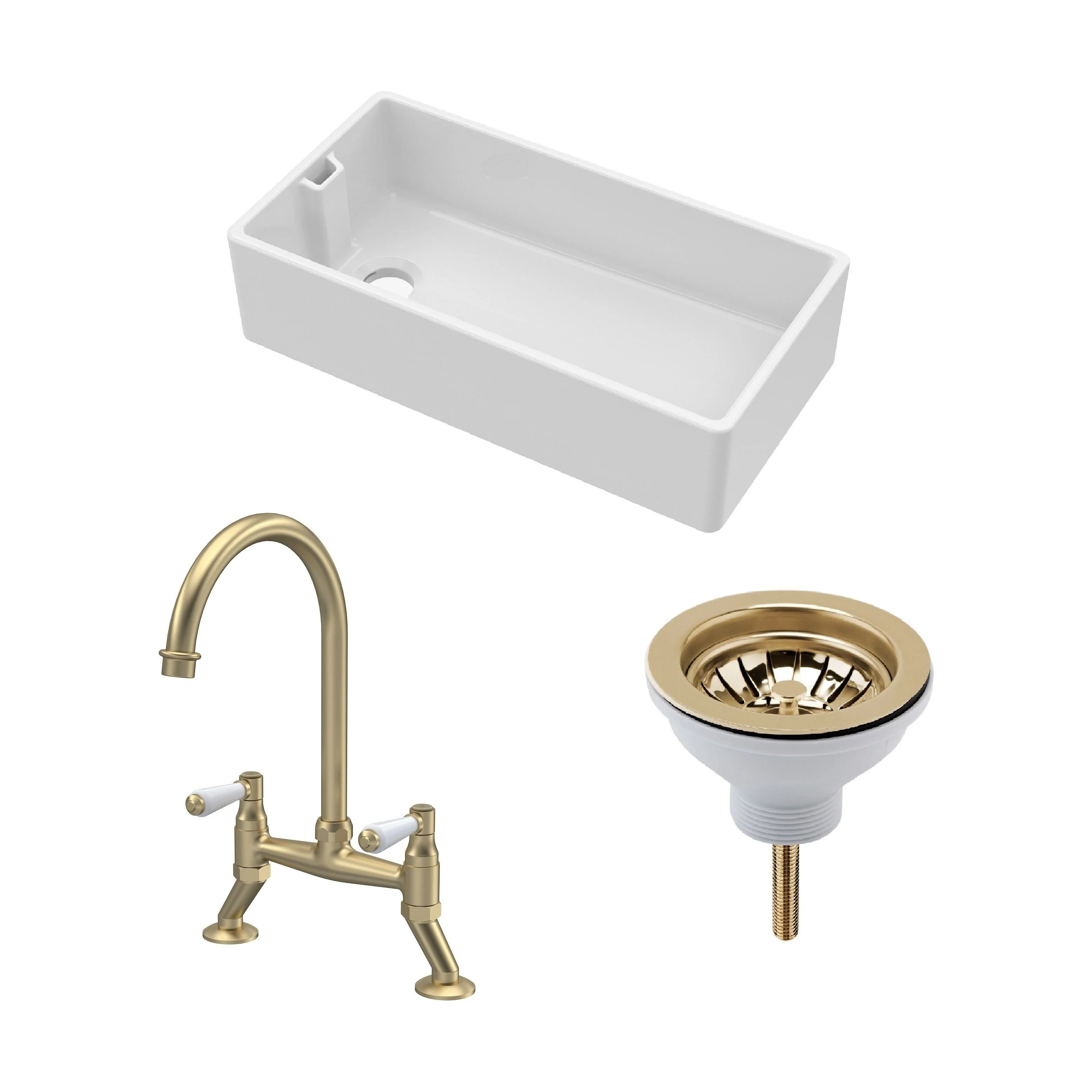 Traditional Fireclay Kitchen Bundle: 1 Bowl Belfast Sink with Strainer Waste & Bridge Lever Mixer Tap, 895mm - Brushed Brass