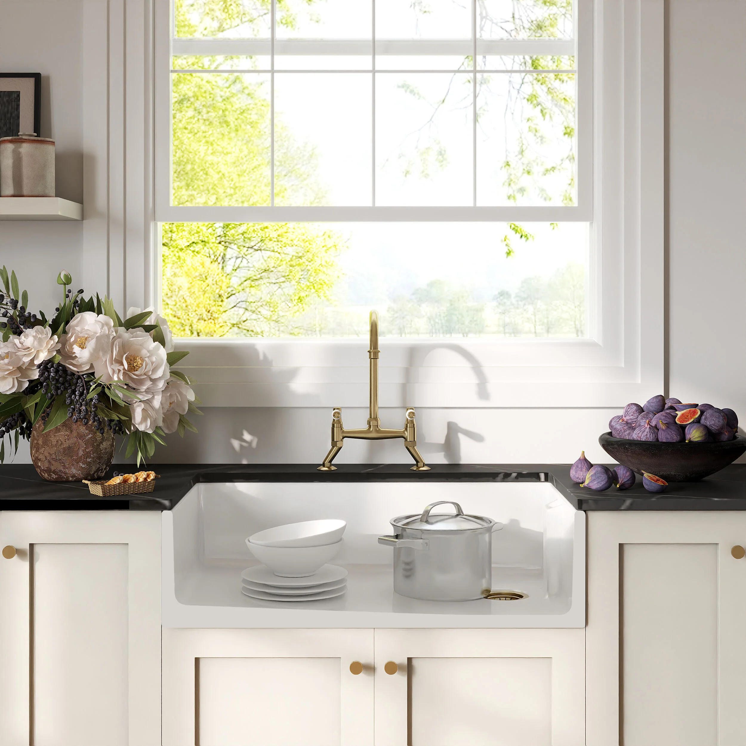 Traditional Fireclay Kitchen Bundle: 1 Bowl Belfast Sink with Strainer Waste & Bridge Lever Mixer Tap, 895mm - Brushed Brass - Image 2