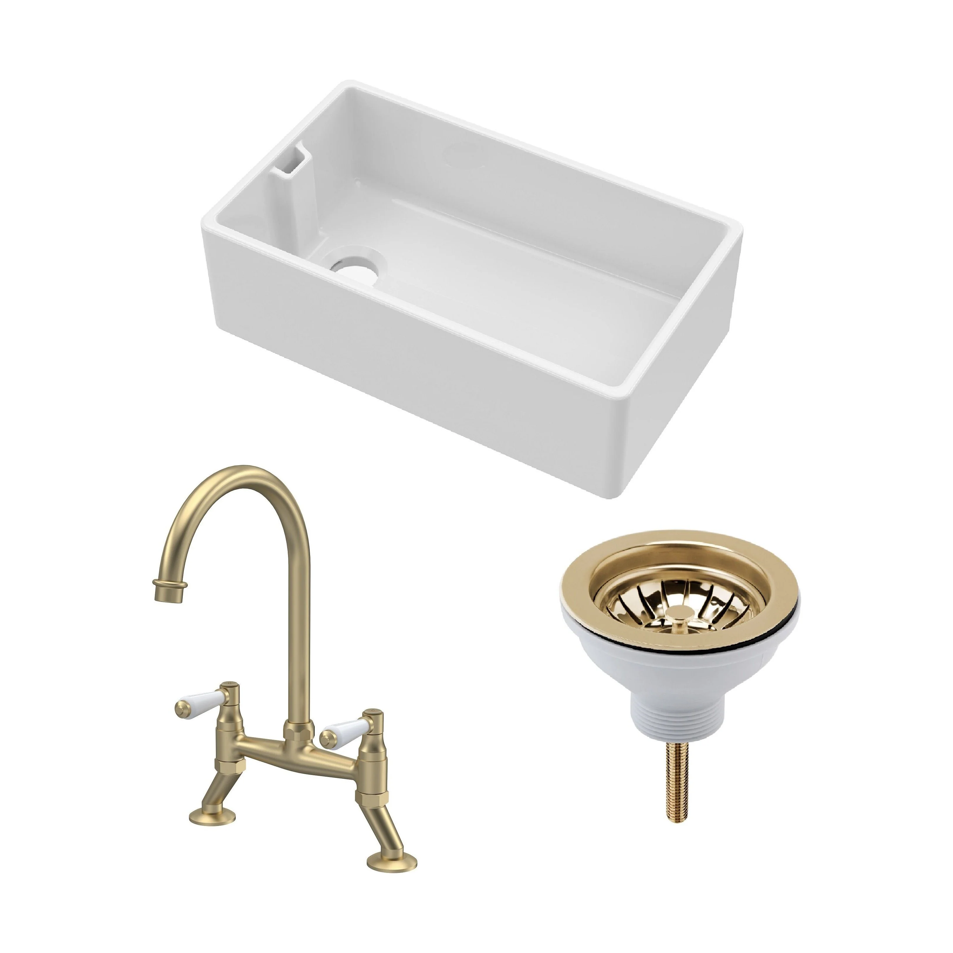 Traditional Fireclay Kitchen Bundle: 1 Bowl Belfast Sink with Strainer Waste & Bridge Lever Tap, 795mm - Brushed Brass