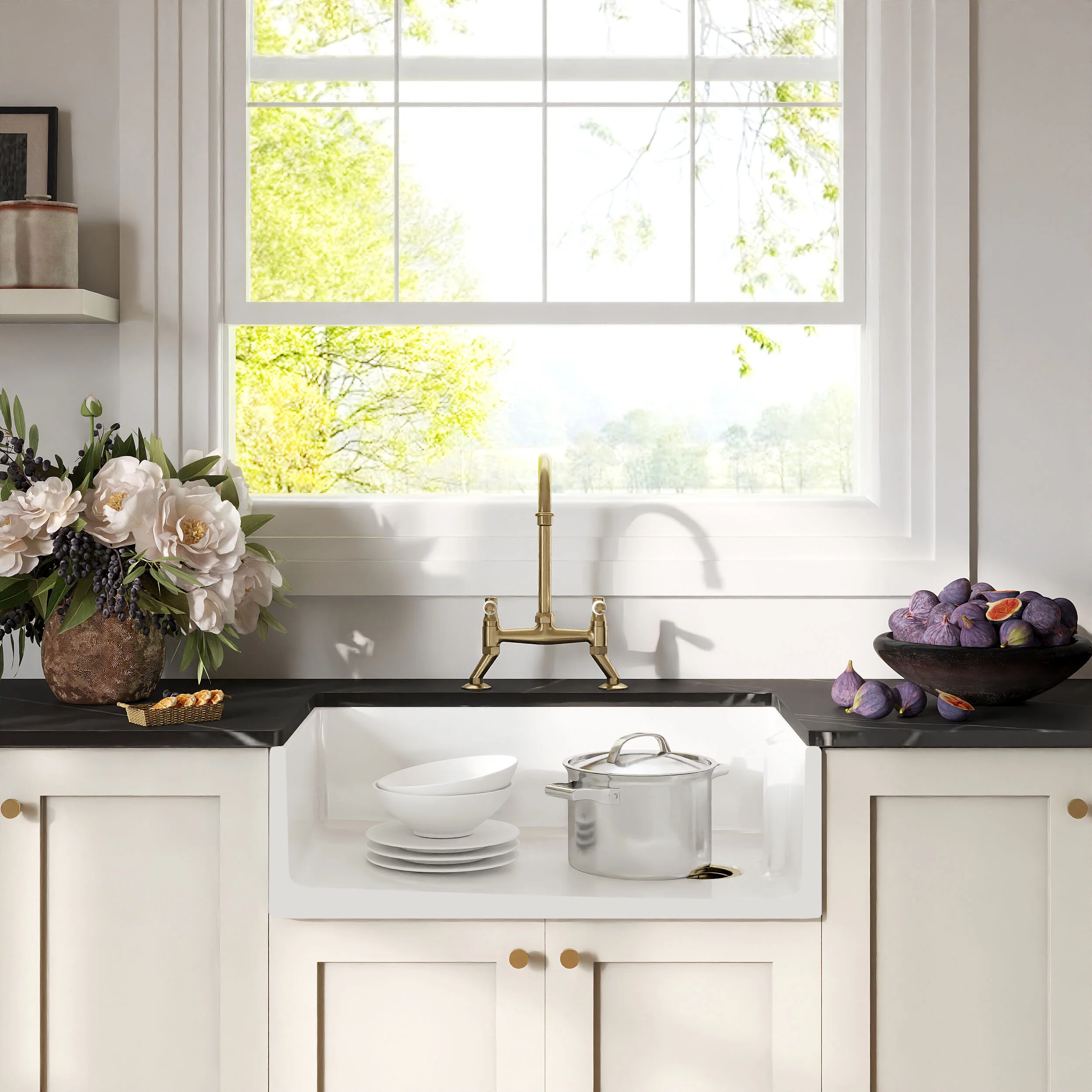 Traditional Fireclay Kitchen Bundle: 1 Bowl Belfast Sink with Strainer Waste & Bridge Lever Tap, 795mm - Brushed Brass - Image 2