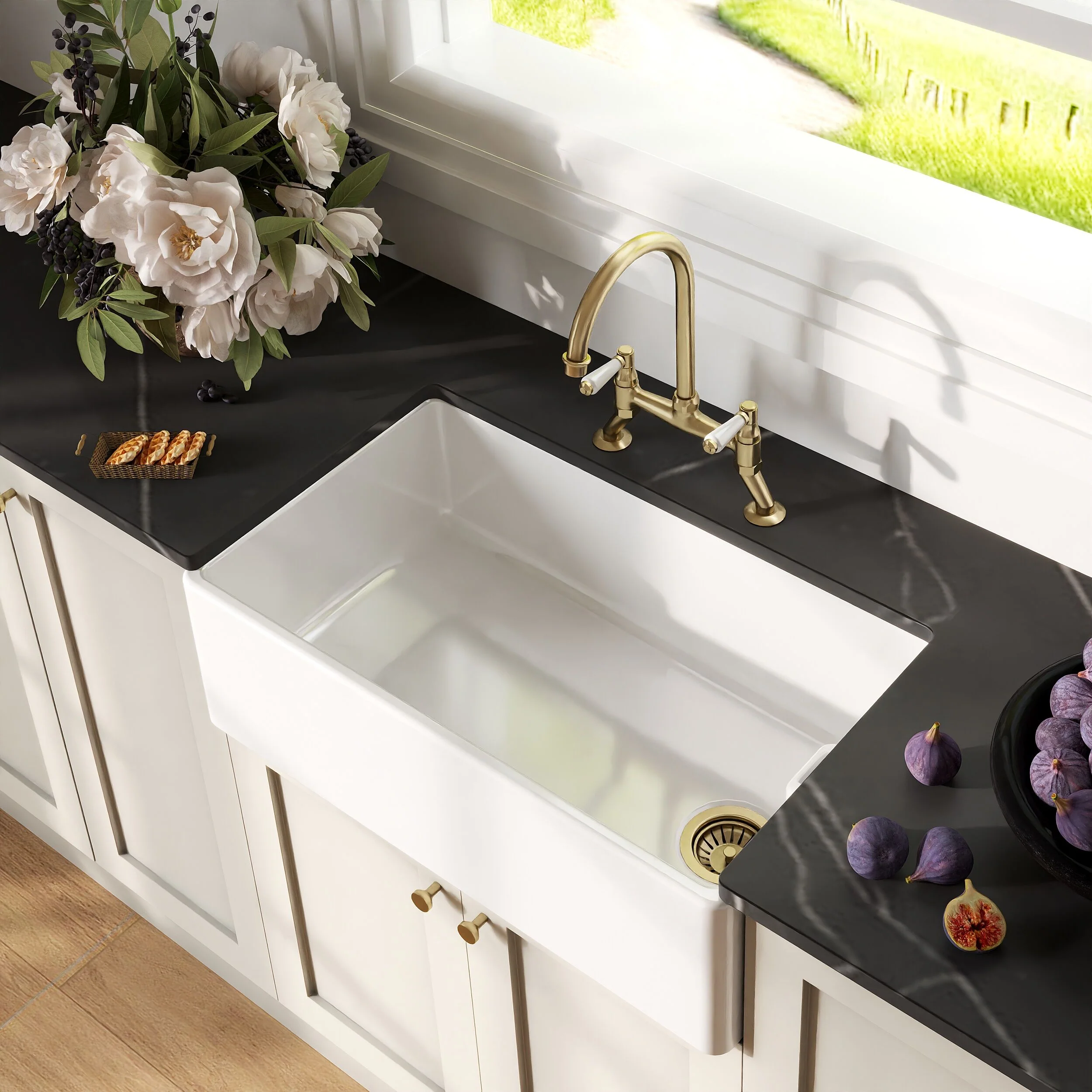 Traditional Fireclay Kitchen Bundle: 1 Bowl Belfast Sink with Strainer Waste & Bridge Lever Tap, 795mm - Brushed Brass - Image 3