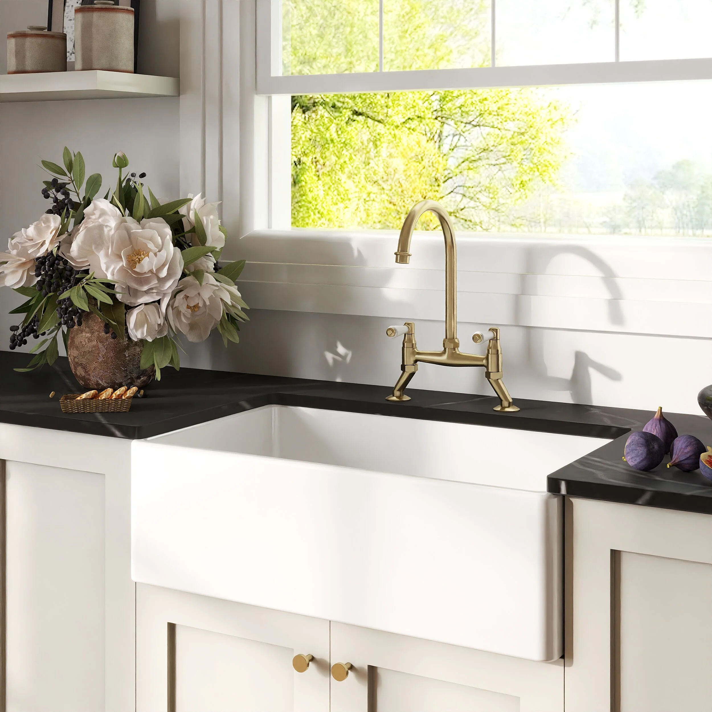 Traditional Fireclay Kitchen Bundle: 1 Bowl Belfast Sink with Strainer Waste & Bridge Lever Tap, 795mm - Brushed Brass - Image 4