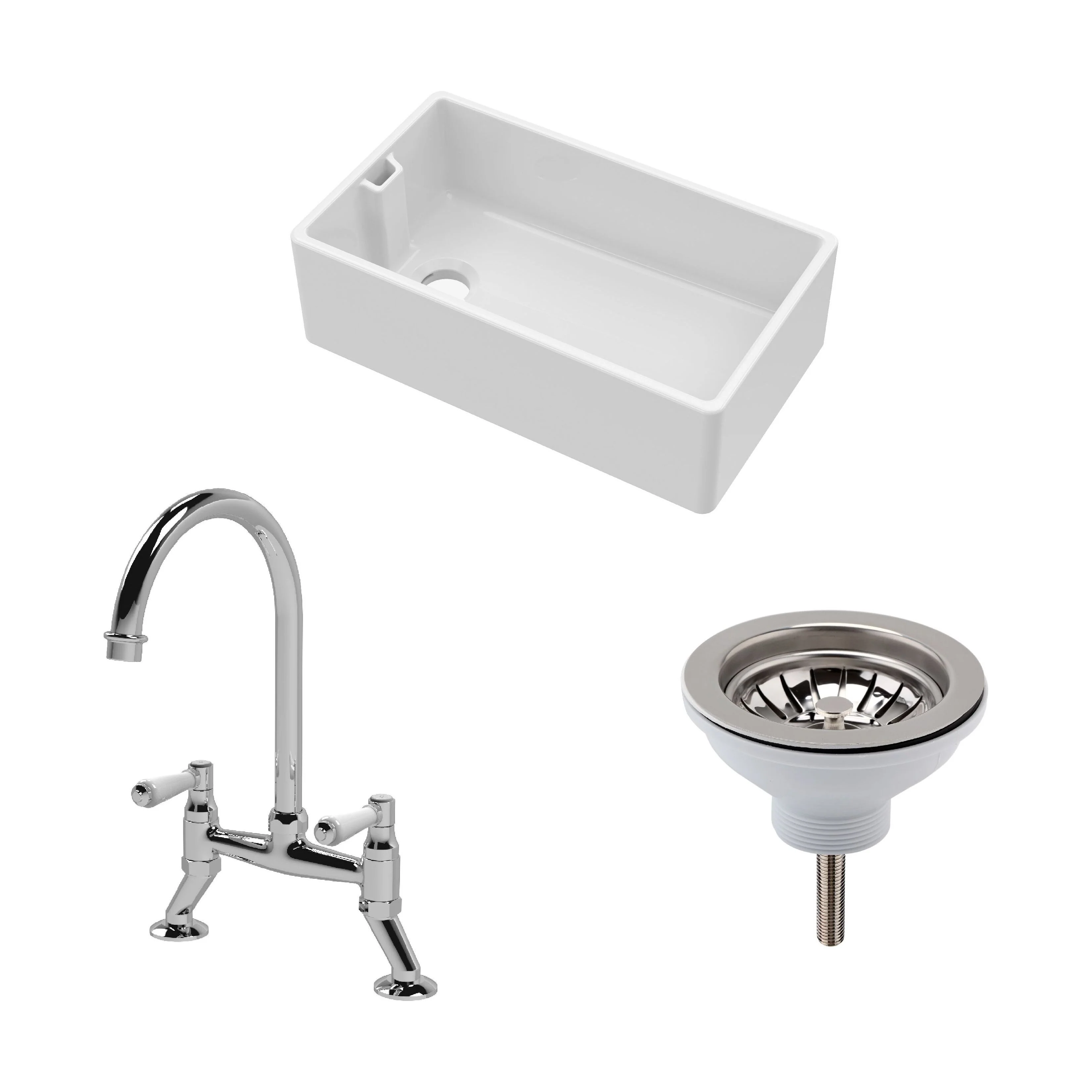 Traditional Fireclay Kitchen Bundle: 1 Bowl Belfast Sink with Strainer Waste & Bridge Mixer Tap, 795mm - Chrome