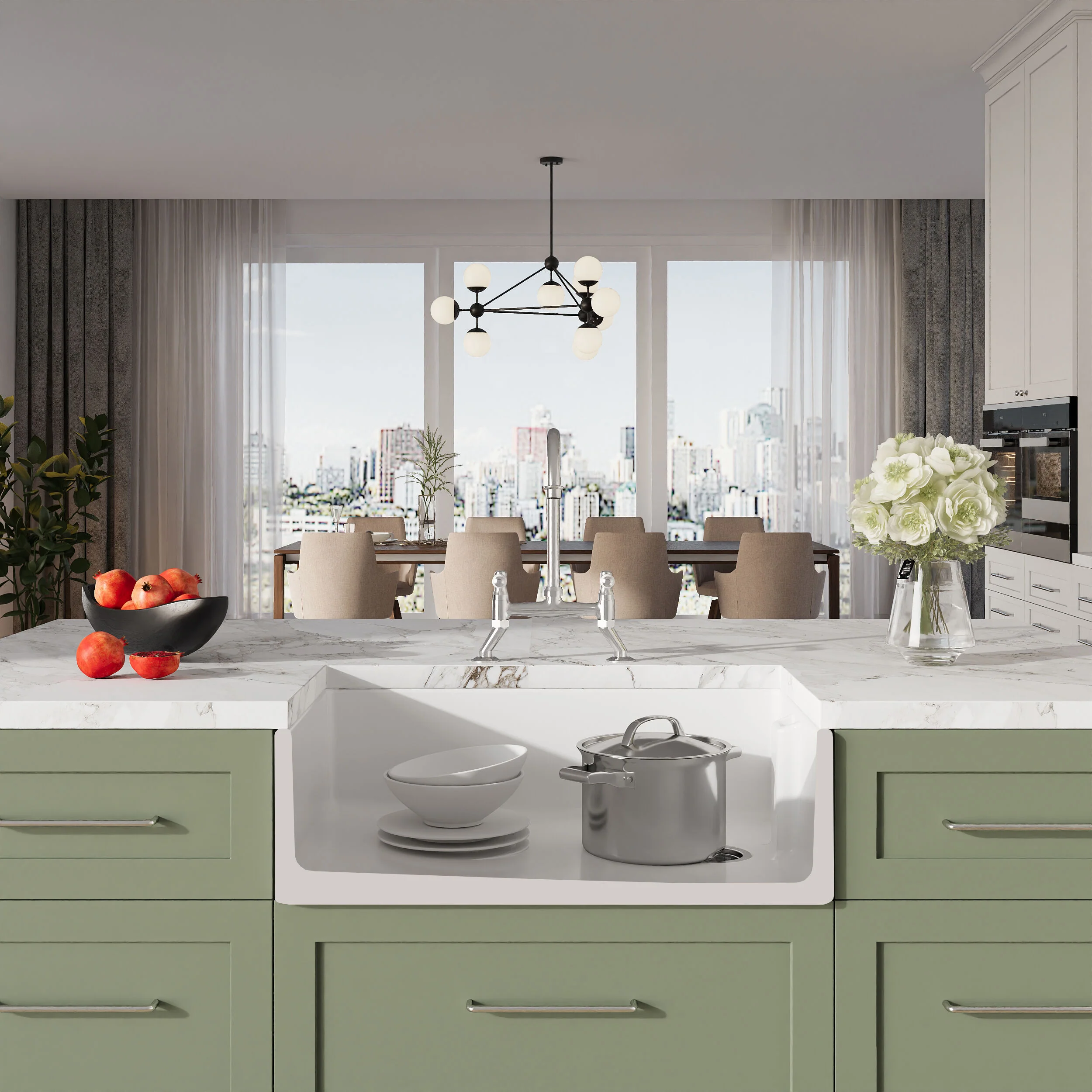 Traditional Fireclay Kitchen Bundle: 1 Bowl Belfast Sink with Strainer Waste & Bridge Mixer Tap, 795mm - Chrome - Image 2