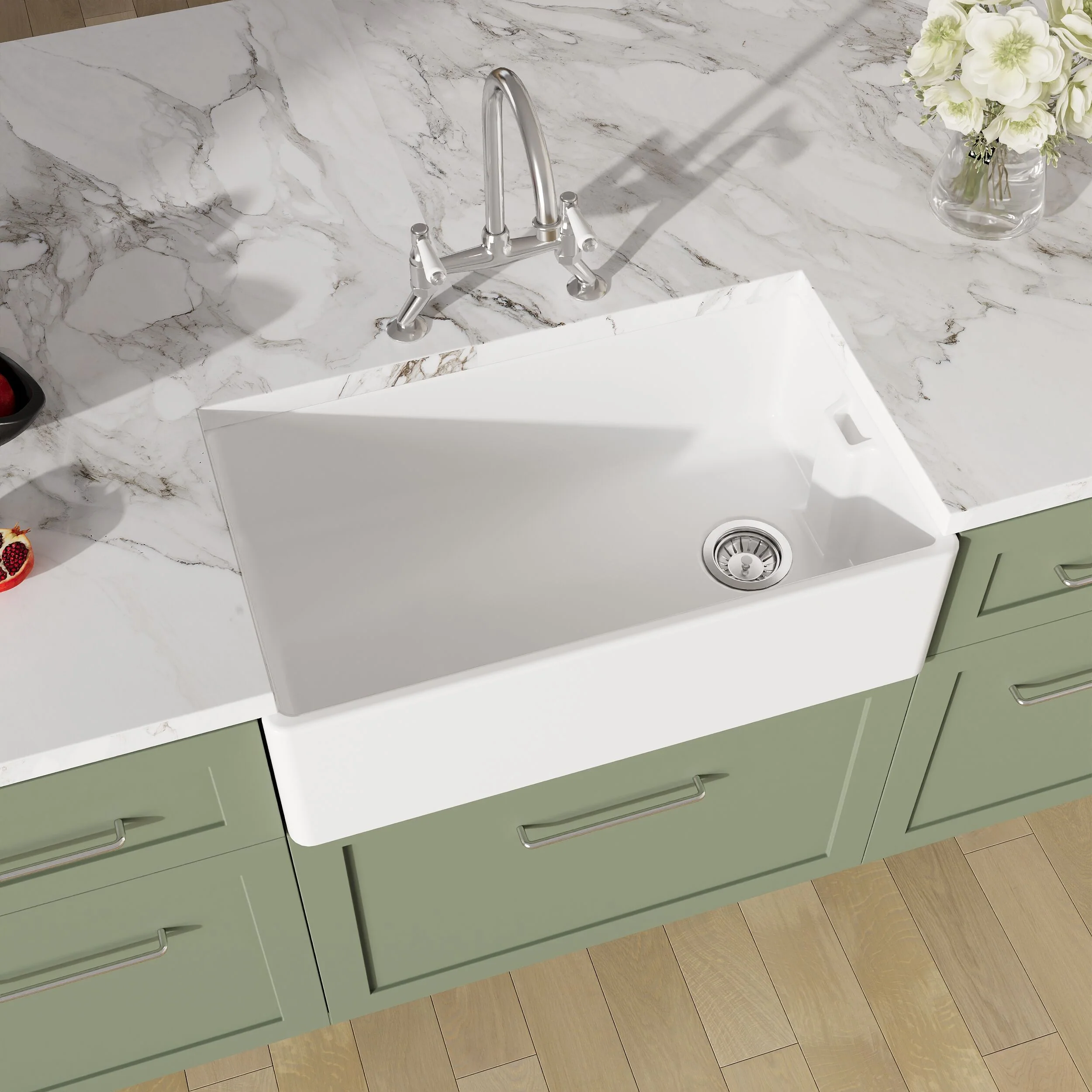 Traditional Fireclay Kitchen Bundle: 1 Bowl Belfast Sink with Strainer Waste & Bridge Mixer Tap, 795mm - Chrome - Image 3