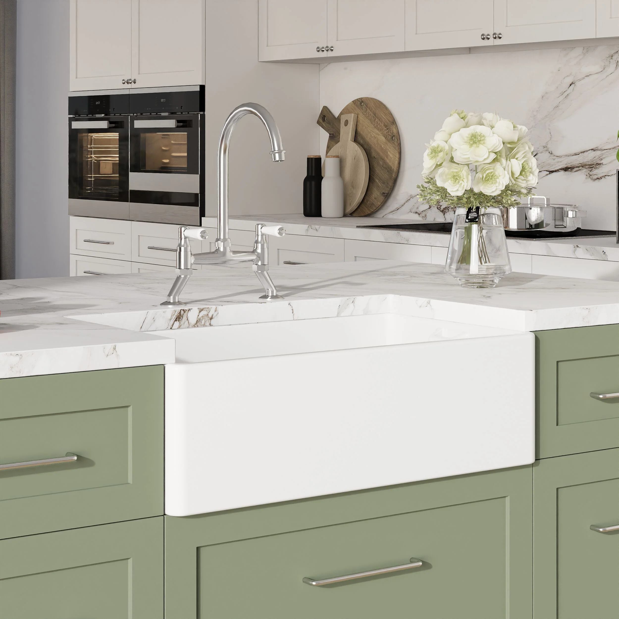 Traditional Fireclay Kitchen Bundle: 1 Bowl Belfast Sink with Strainer Waste & Bridge Mixer Tap, 795mm - Chrome - Image 4