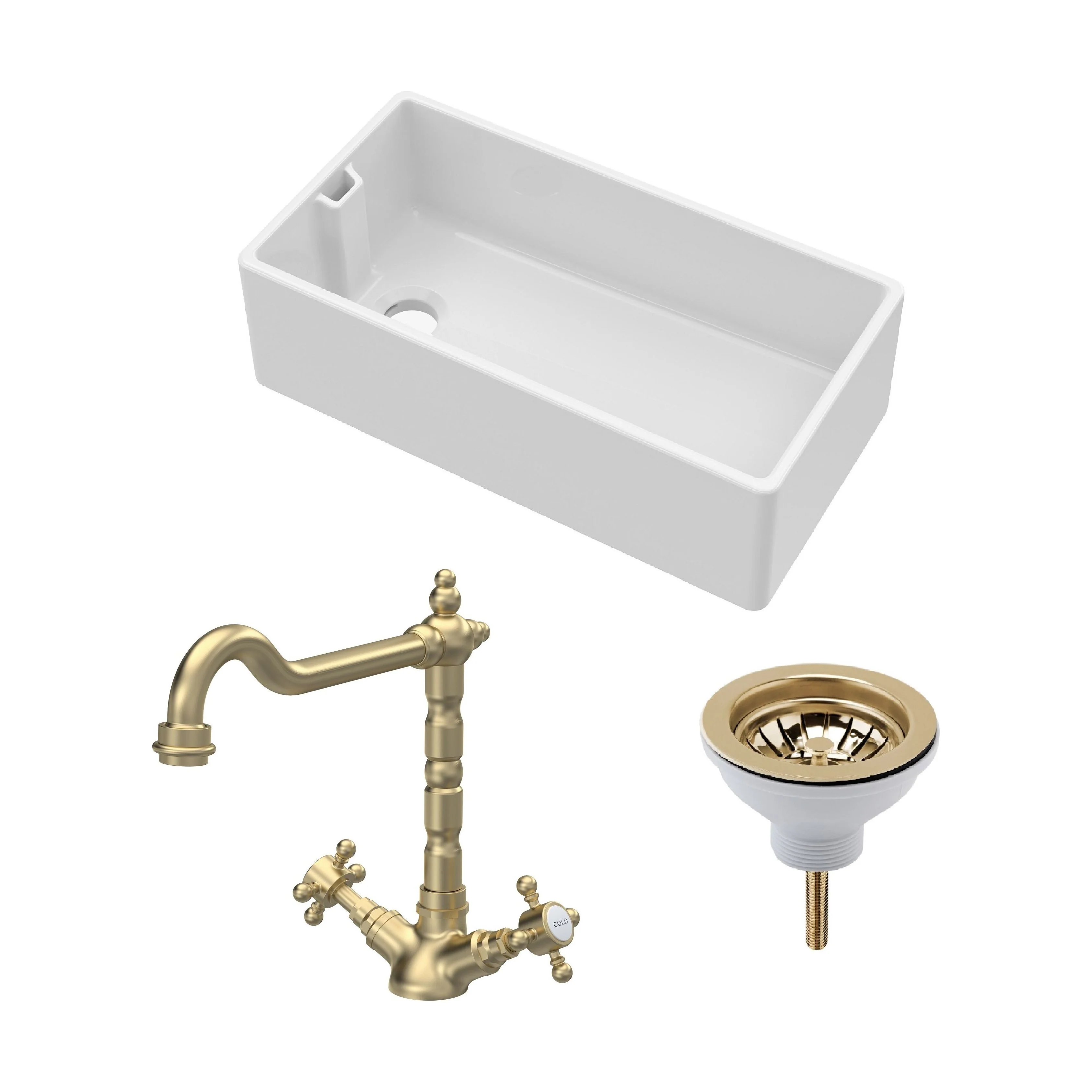 Traditional Fireclay Kitchen Bundle: Single Bowl Belfast Sink, Strainer Waste & French Classic Mono Tap, 895mm - Brushed Brass