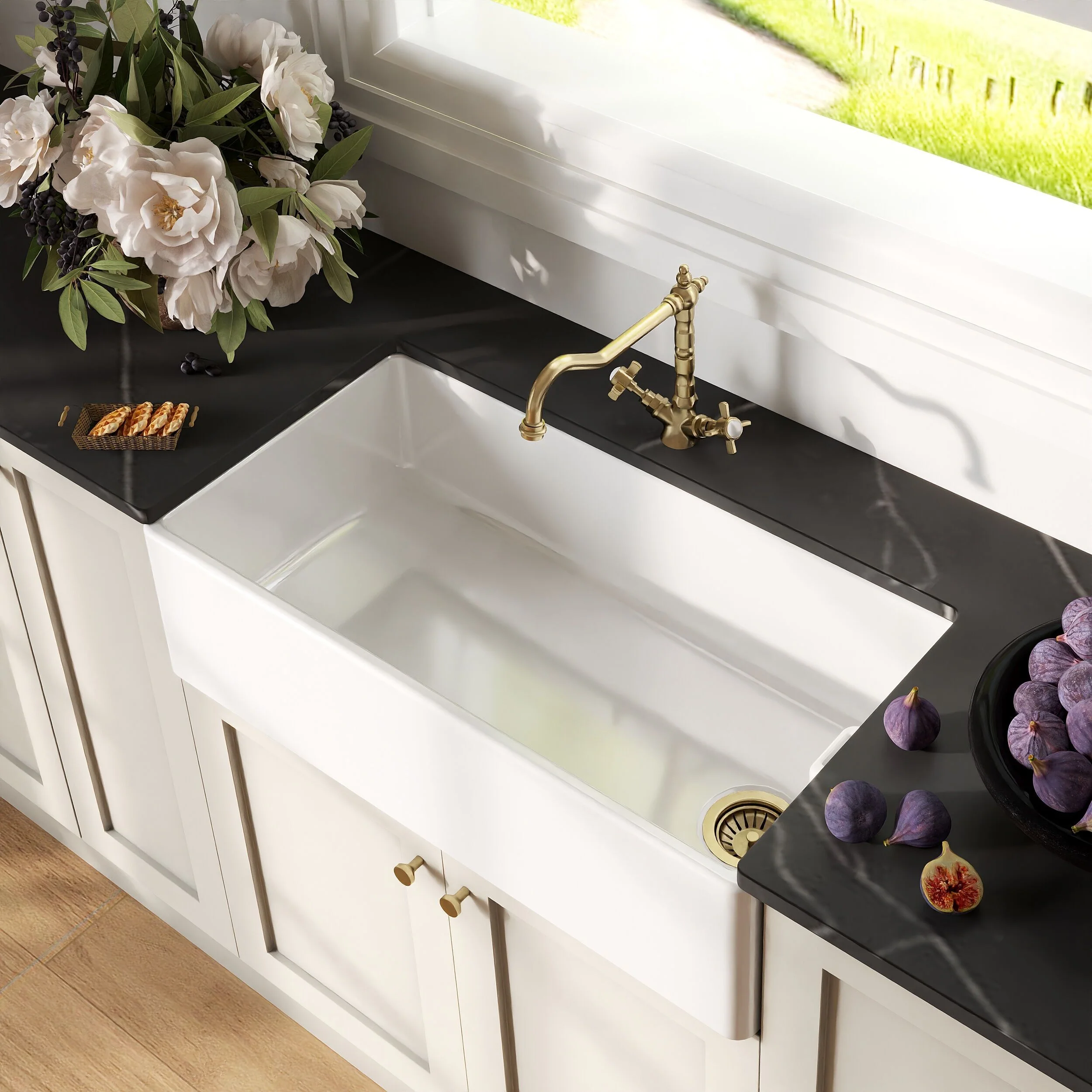 Traditional Fireclay Kitchen Bundle: Single Bowl Belfast Sink, Strainer Waste & French Classic Mono Tap, 895mm - Brushed Brass - Image 3