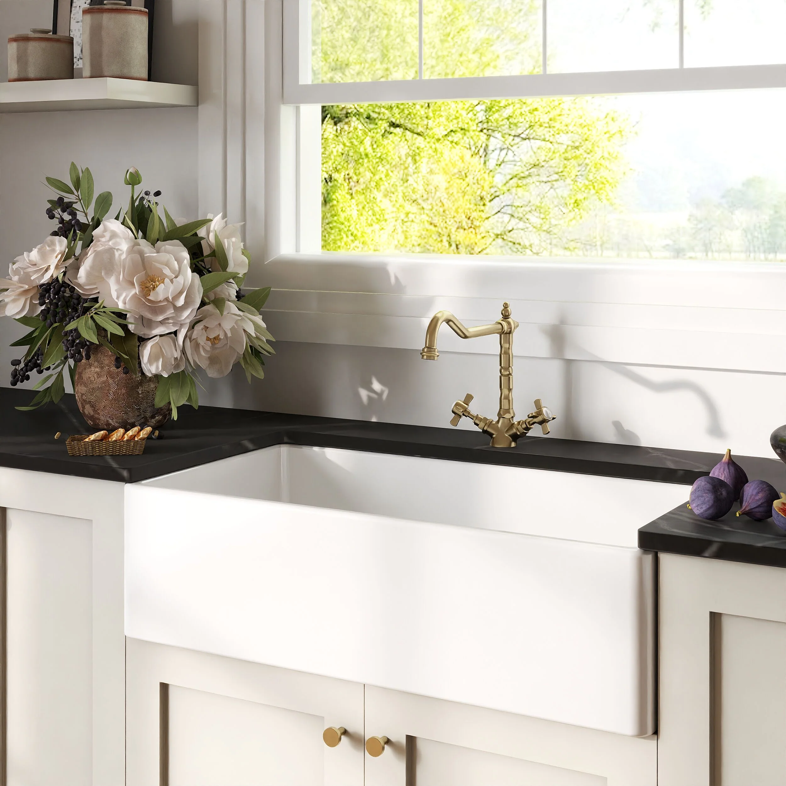 Traditional Fireclay Kitchen Bundle: Single Bowl Belfast Sink, Strainer Waste & French Classic Mono Tap, 895mm - Brushed Brass - Image 4