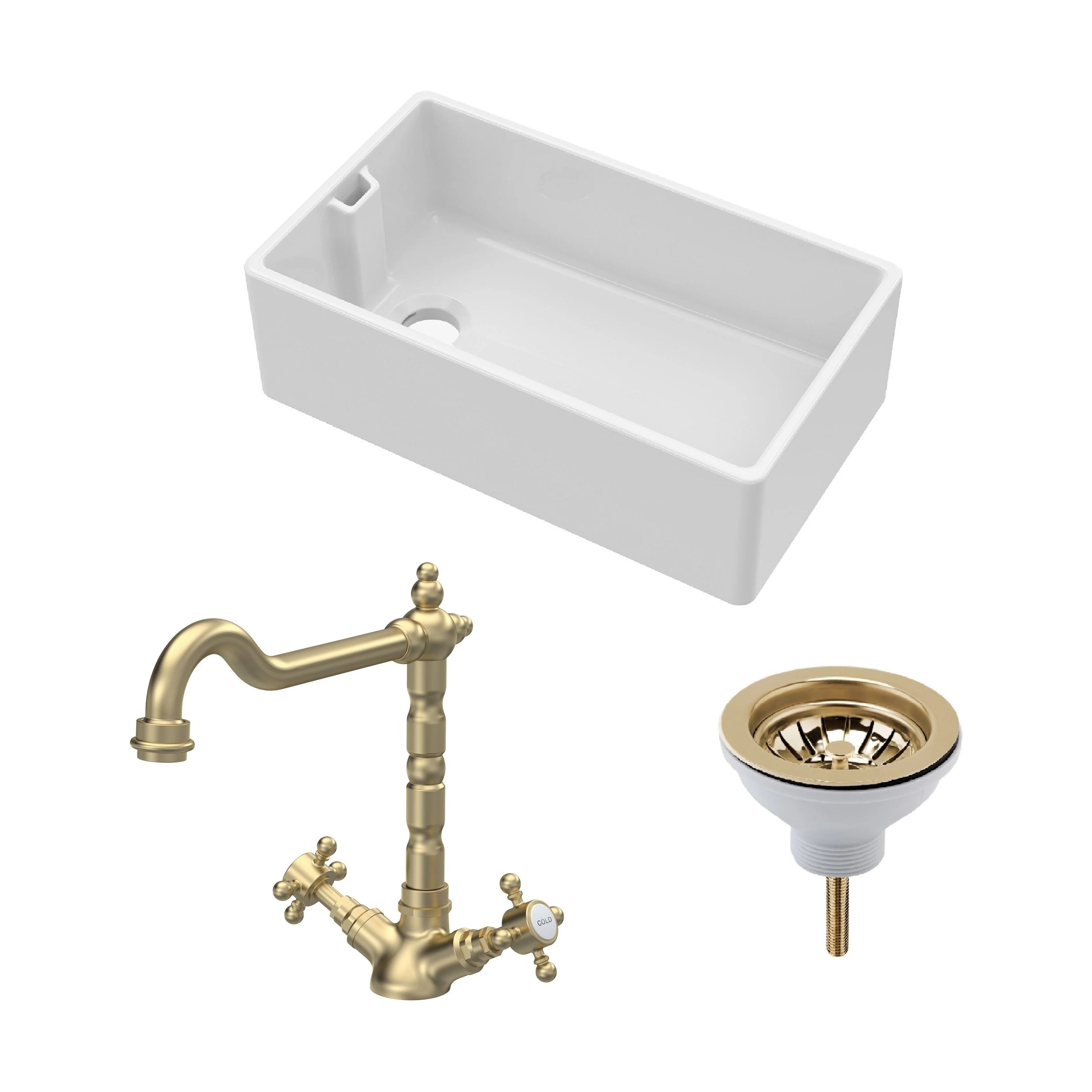 Traditional Fireclay Kitchen Bundle: 1 Bowl Belfast Sink with Strainer Waste & French Classic Tap, 795mm - Brushed Brass