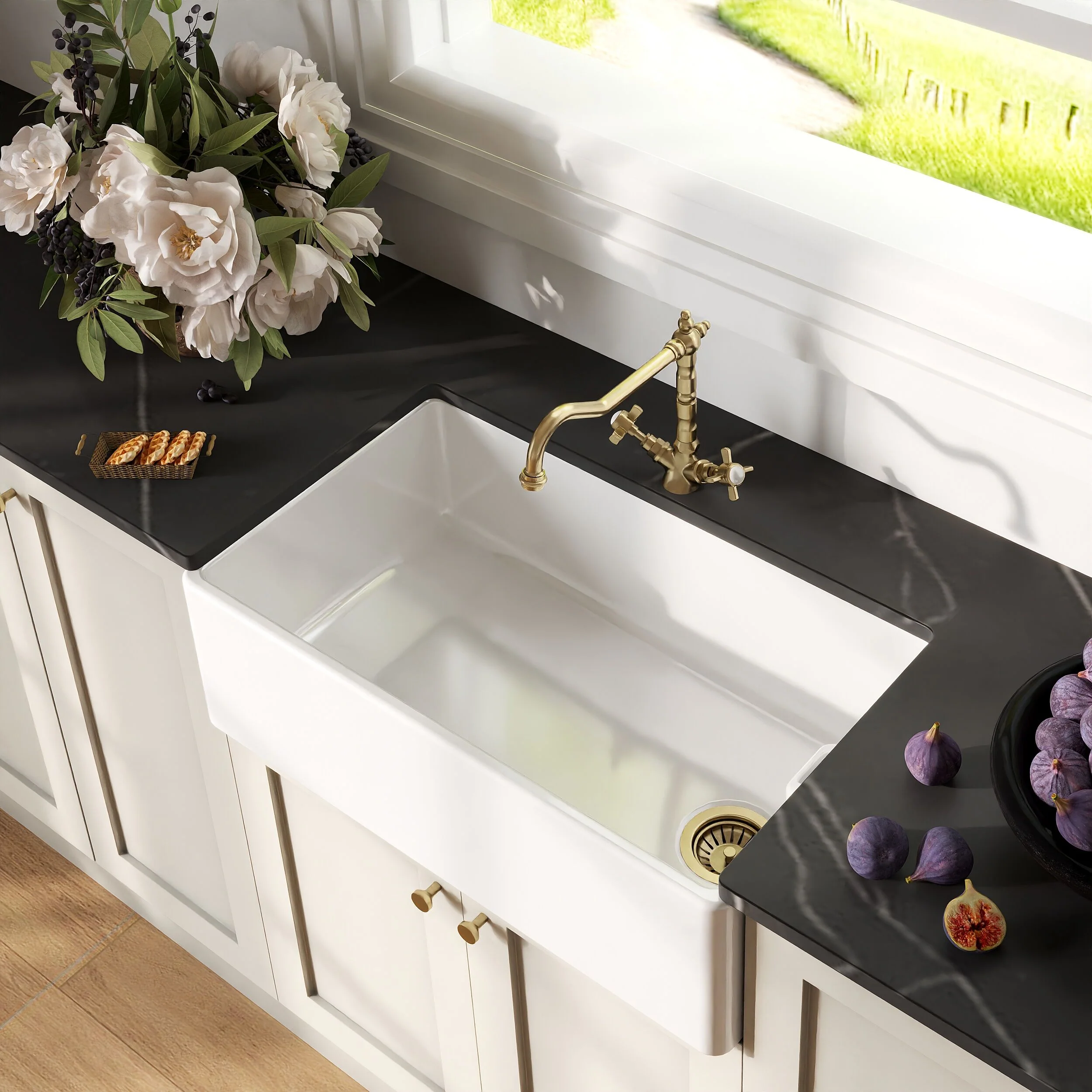 Traditional Fireclay Kitchen Bundle: 1 Bowl Belfast Sink with Strainer Waste & French Classic Tap, 795mm - Brushed Brass - Image 3