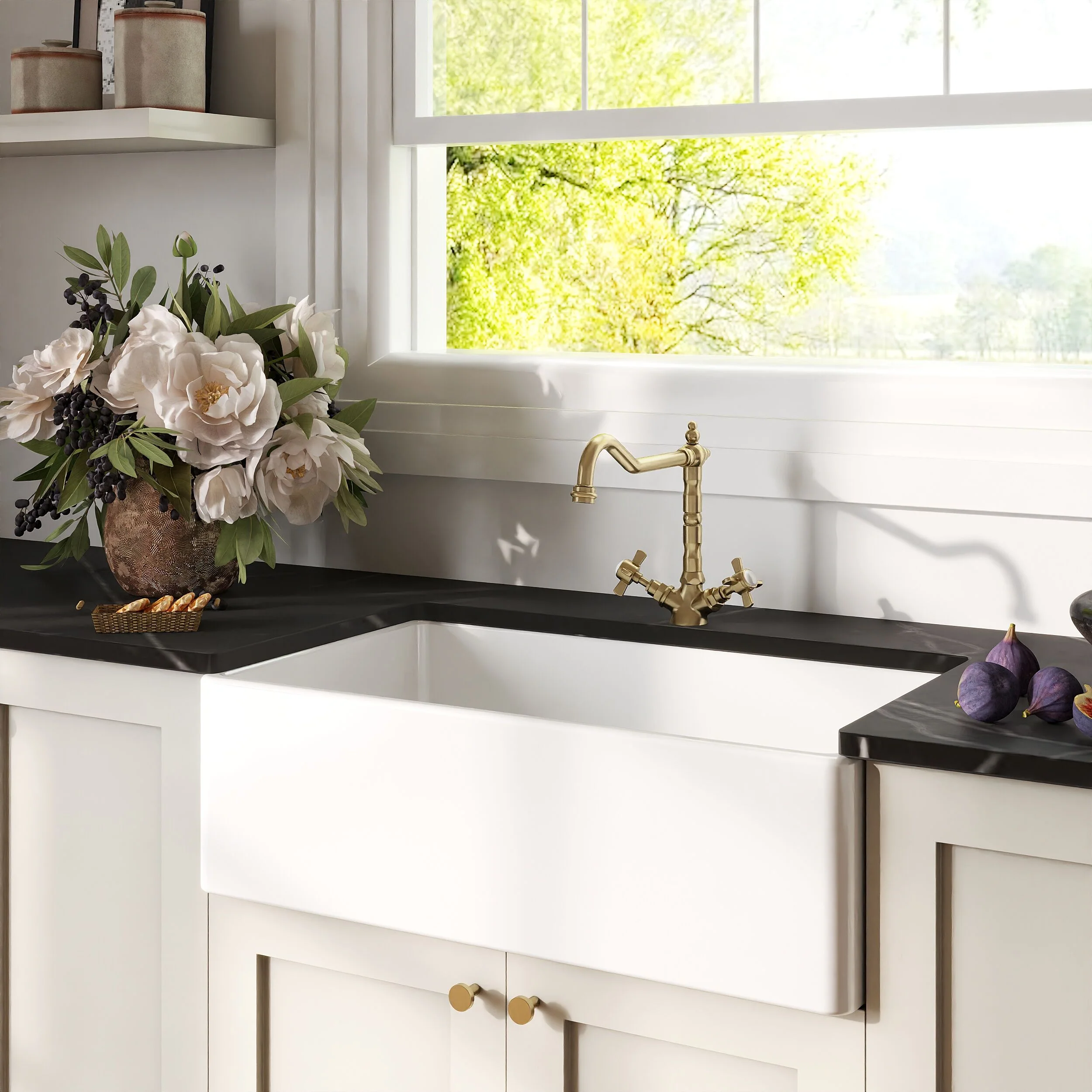 Traditional Fireclay Kitchen Bundle: 1 Bowl Belfast Sink with Strainer Waste & French Classic Tap, 795mm - Brushed Brass - Image 4