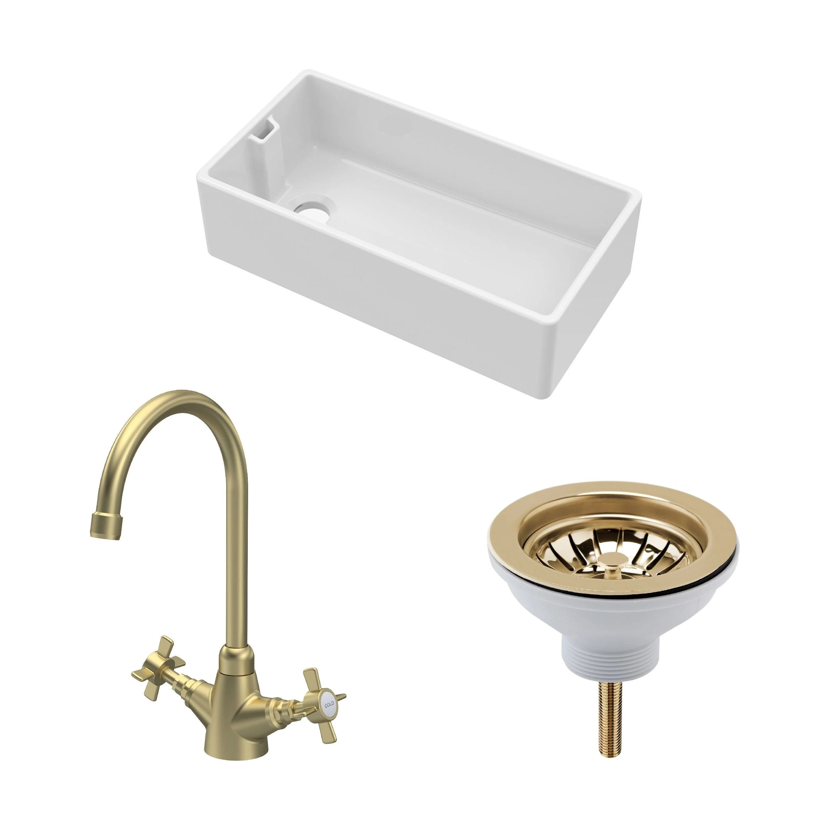 Traditional Fireclay Kitchen Bundle: Single Bowl Belfast Sink, Strainer Waste & Mono Crosshead Handle Tap, 895mm - Brushed Brass