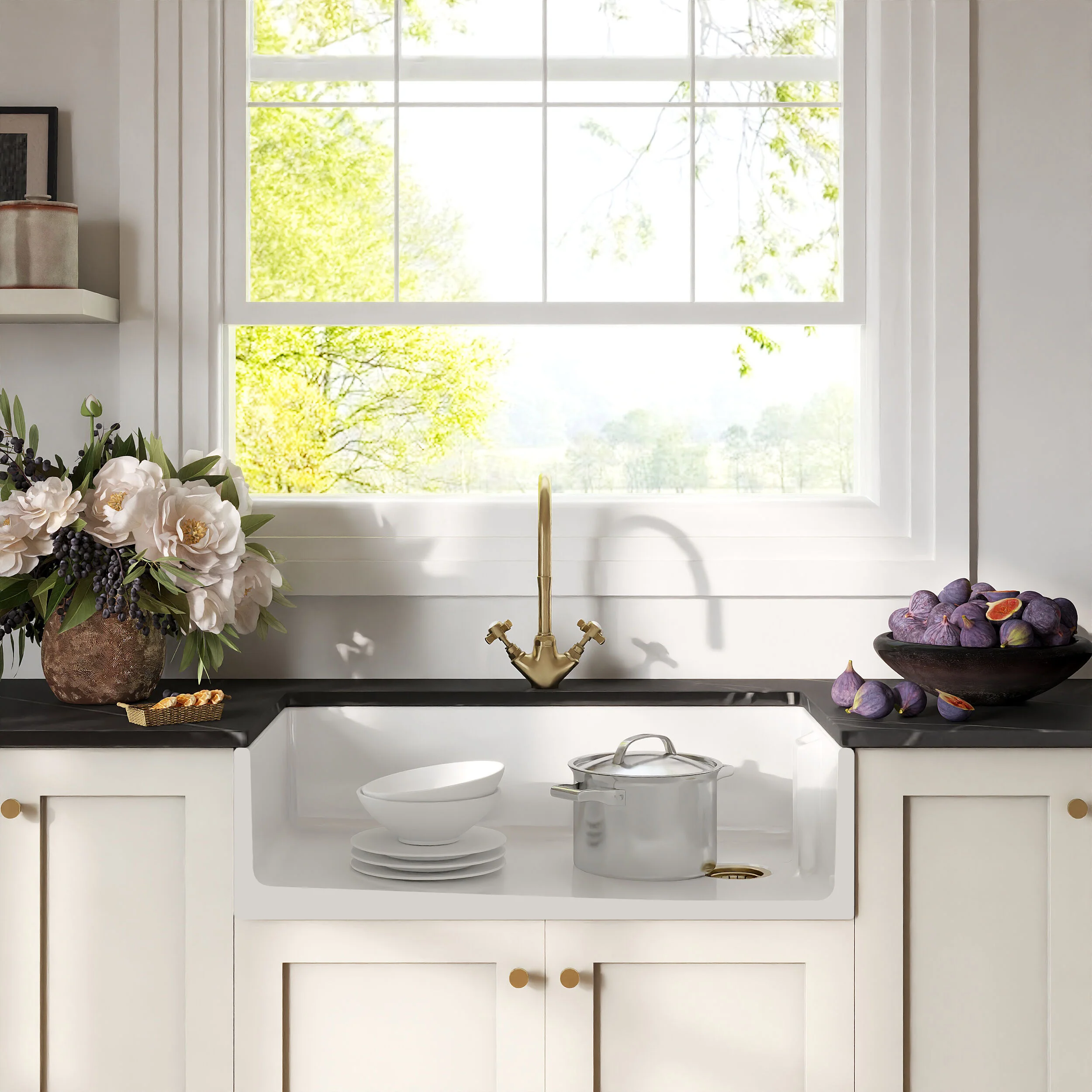 Traditional Fireclay Kitchen Bundle: Single Bowl Belfast Sink, Strainer Waste & Mono Crosshead Handle Tap, 895mm - Brushed Brass - Image 2