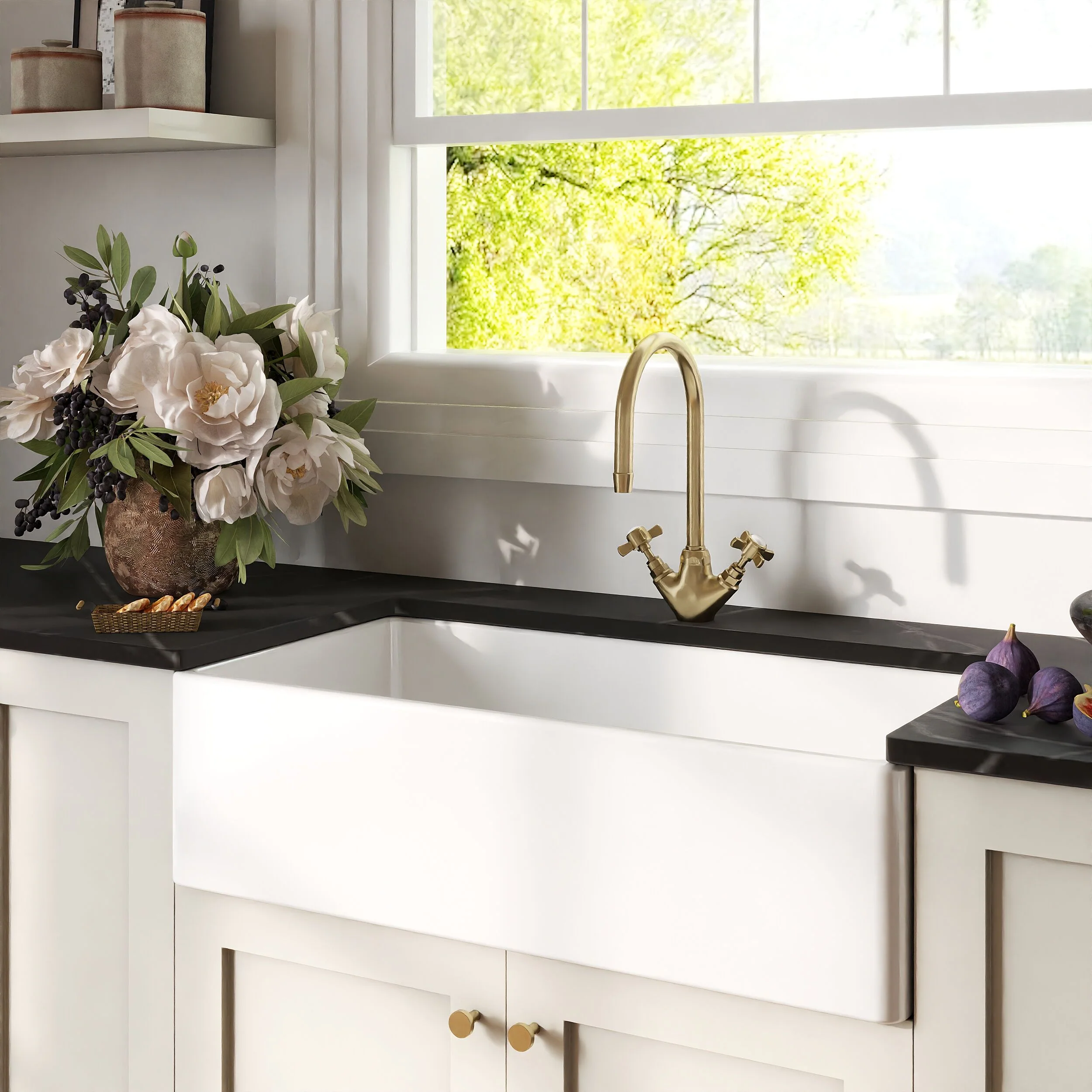 Traditional Fireclay Kitchen Bundle: Single Bowl Belfast Sink, Strainer Waste & Mono Crosshead Handle Tap, 895mm - Brushed Brass - Image 4