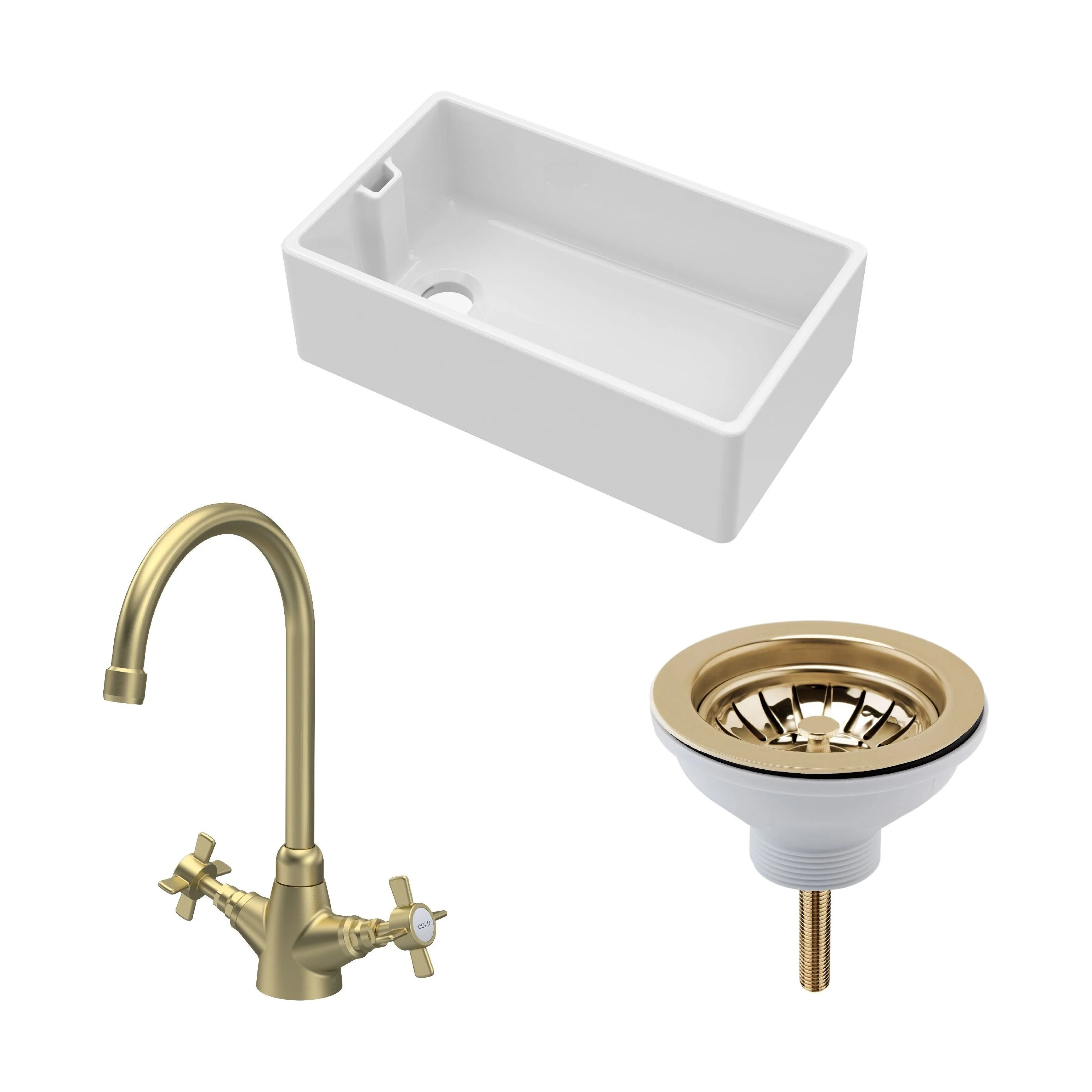 Traditional Fireclay Kitchen Bundle: 1 Bowl Belfast Sink with Strainer Waste & Mono Crosshead Tap, 795mm - Brushed Brass