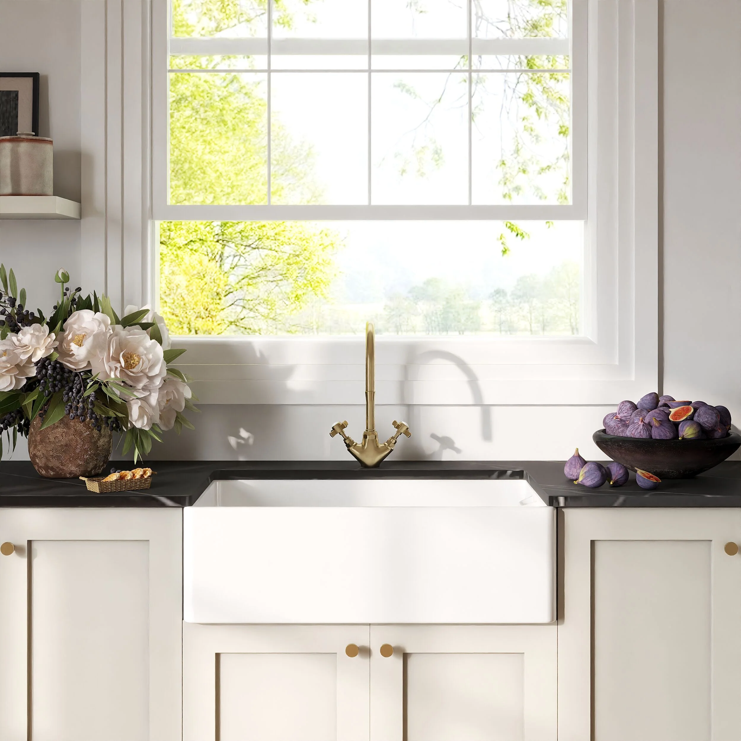 Traditional Fireclay Kitchen Bundle: 1 Bowl Belfast Sink with Strainer Waste & Mono Crosshead Tap, 795mm - Brushed Brass - Image 2