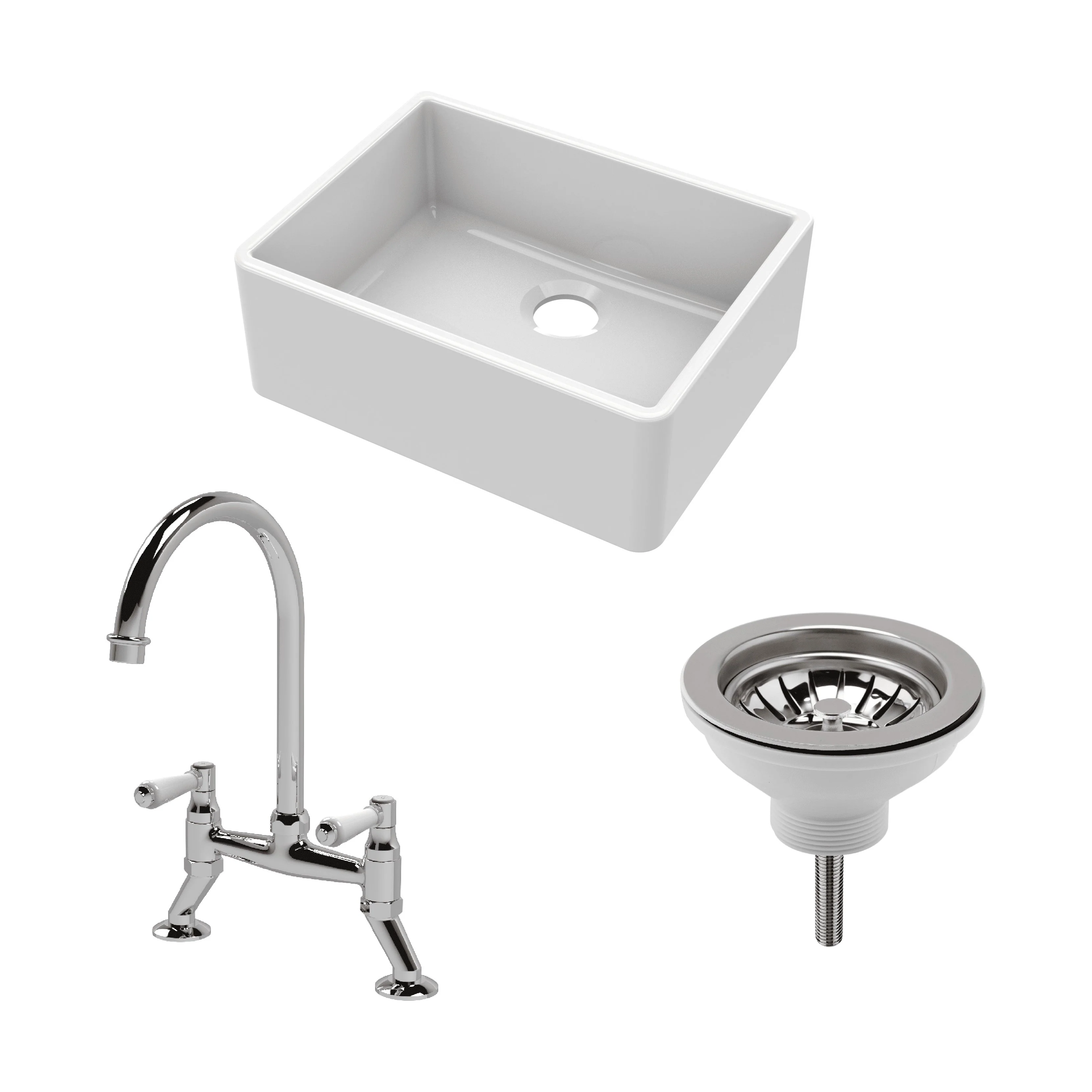 Traditional Fireclay Kitchen Bundle: Single Bowl Butler Sink with Strainer Waste & Bridge Mixer Tap, 595mm - Chrome