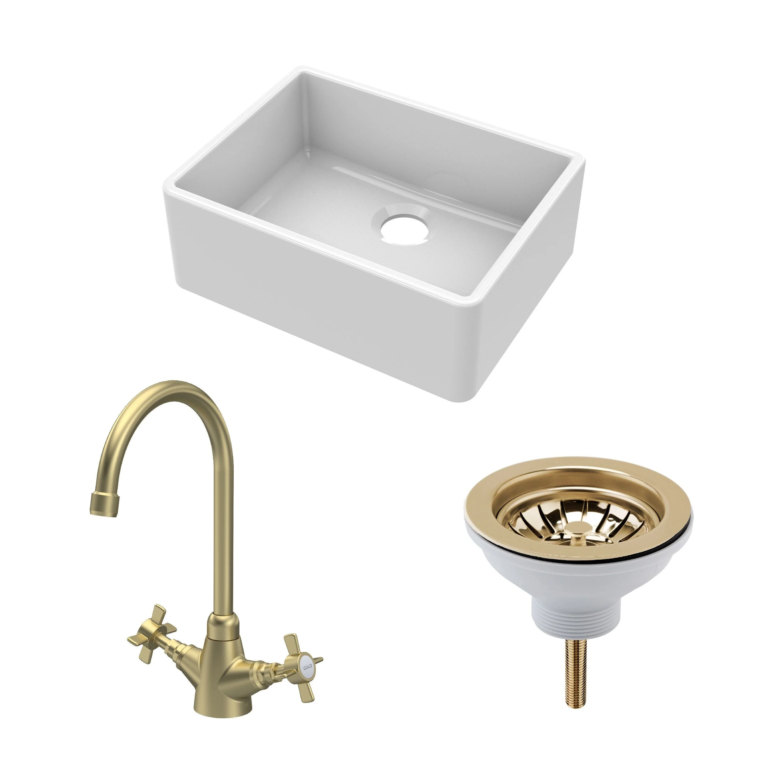 Traditional Fireclay Kitchen Bundle: Single Bowl Butler Sink Strainer Waste & Mono Crosshead Handle Mixer Tap, 595mm - Brushed Brass