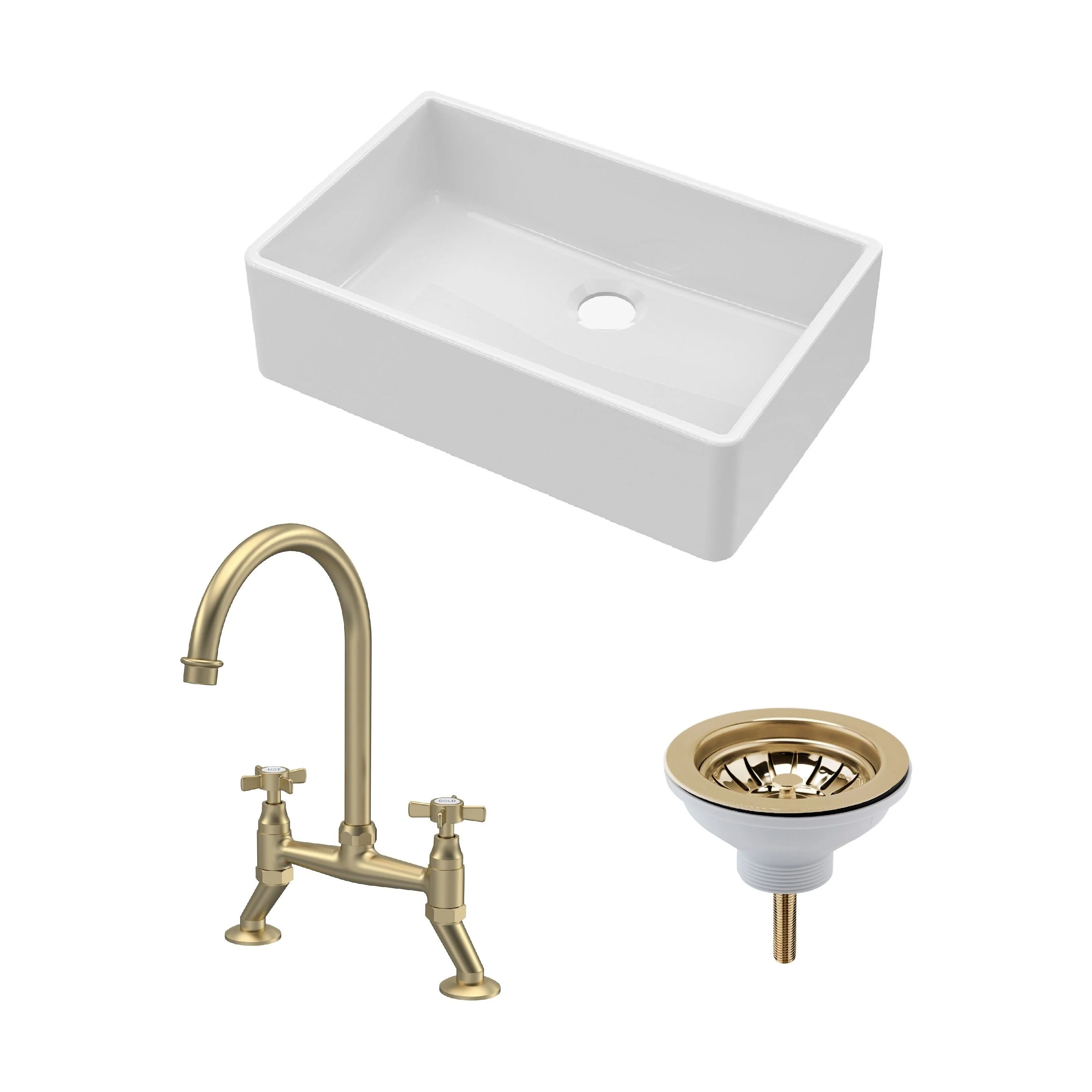 Traditional Fireclay Kitchen Bundle: Single Bowl Butler Sink, Waste & Bridge Crosshead Mixer Tap, 795mm - Brushed Brass