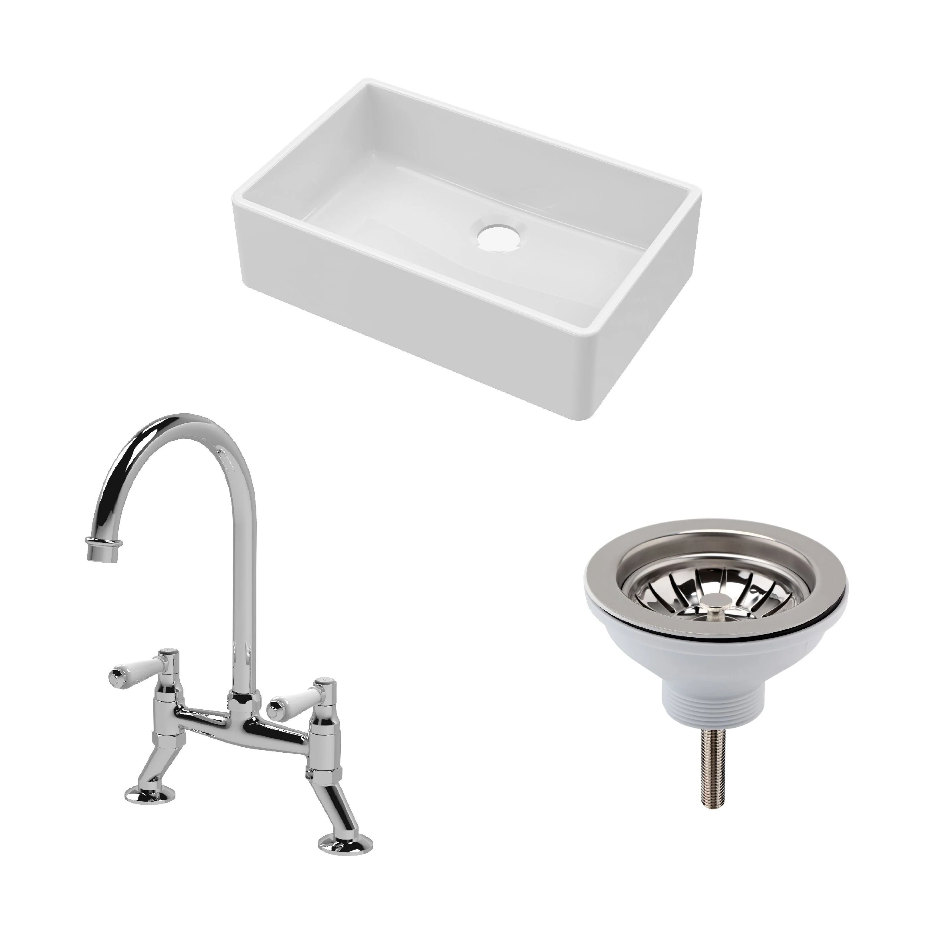 Traditional Fireclay Kitchen Bundle: Single Bowl Butler Sink, Waste & Bridge Mixer Tap, 795mm - Chrome