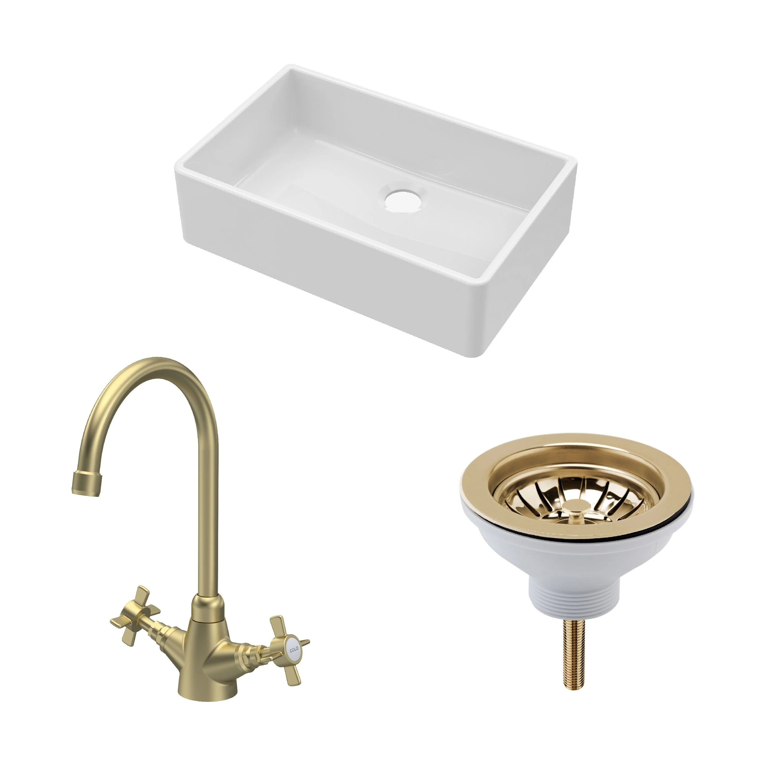 Traditional Fireclay Kitchen Bundle: Single Bowl Butler Sink, Waste & Mono Crosshead Tap, 795mm - Brushed Brass
