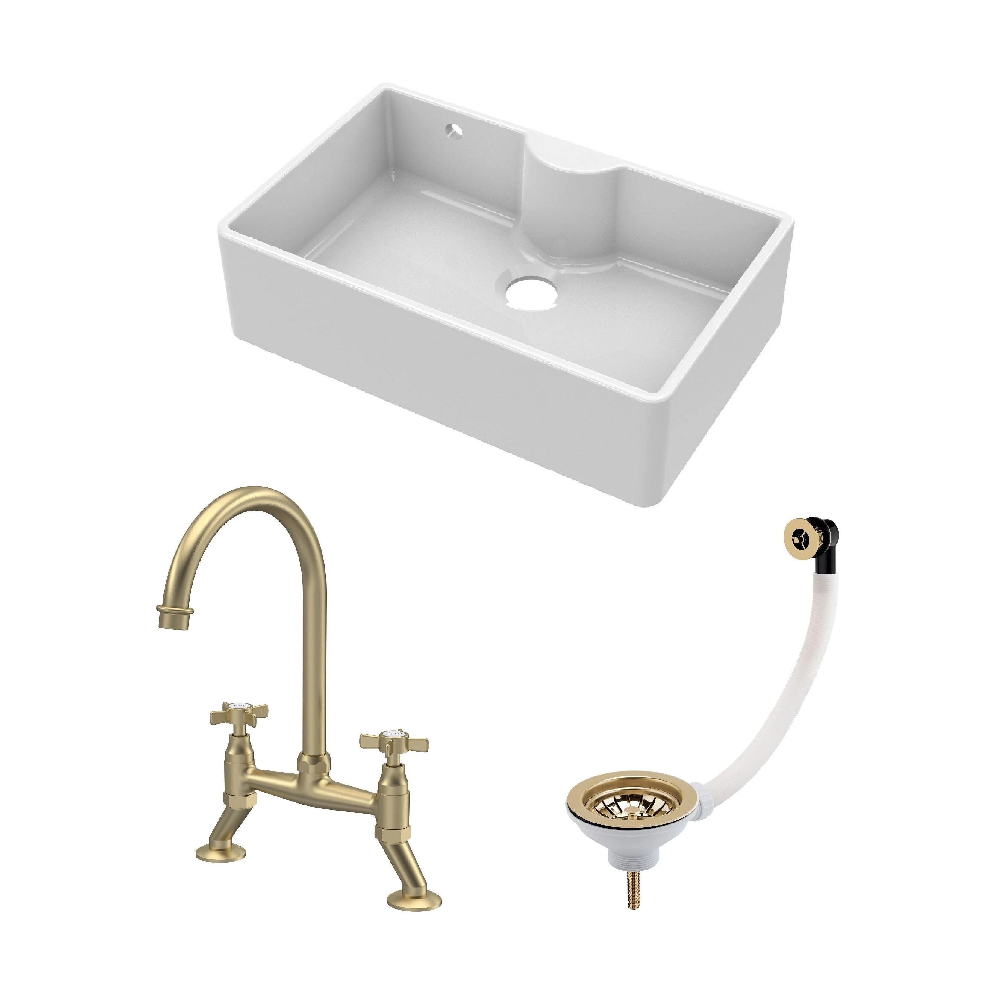 Traditional Fireclay Kitchen Bundle: 1 Bowl Butler Sink with Overflow & Ledge, Waste & Bridge Tap, 795mm - Brushed Brass