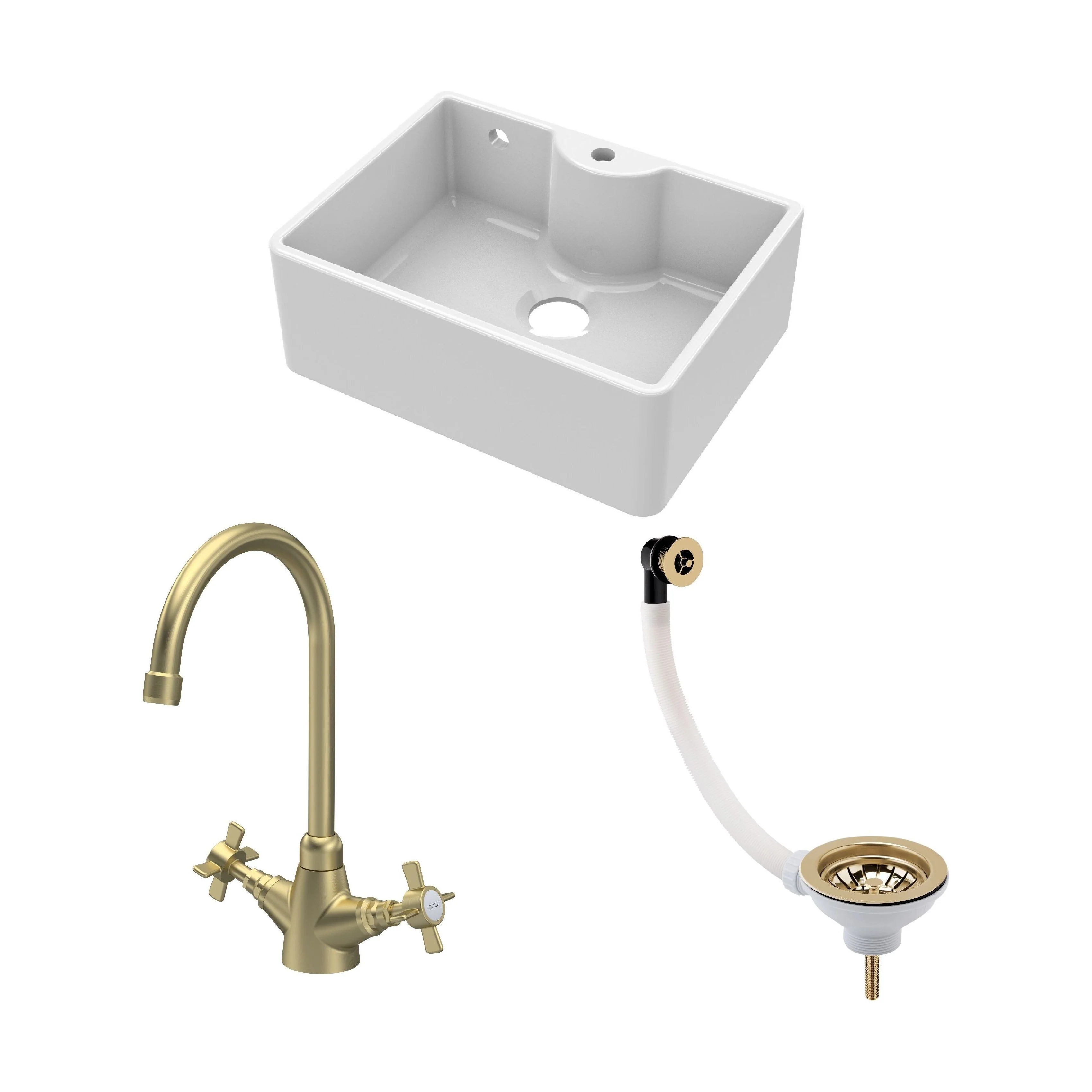 Traditional Fireclay Kitchen Bundle: Single Bowl Butler Sink with Overflow, Tap Hole, Waste & Mono Tap, 595mm - Brushed Brass