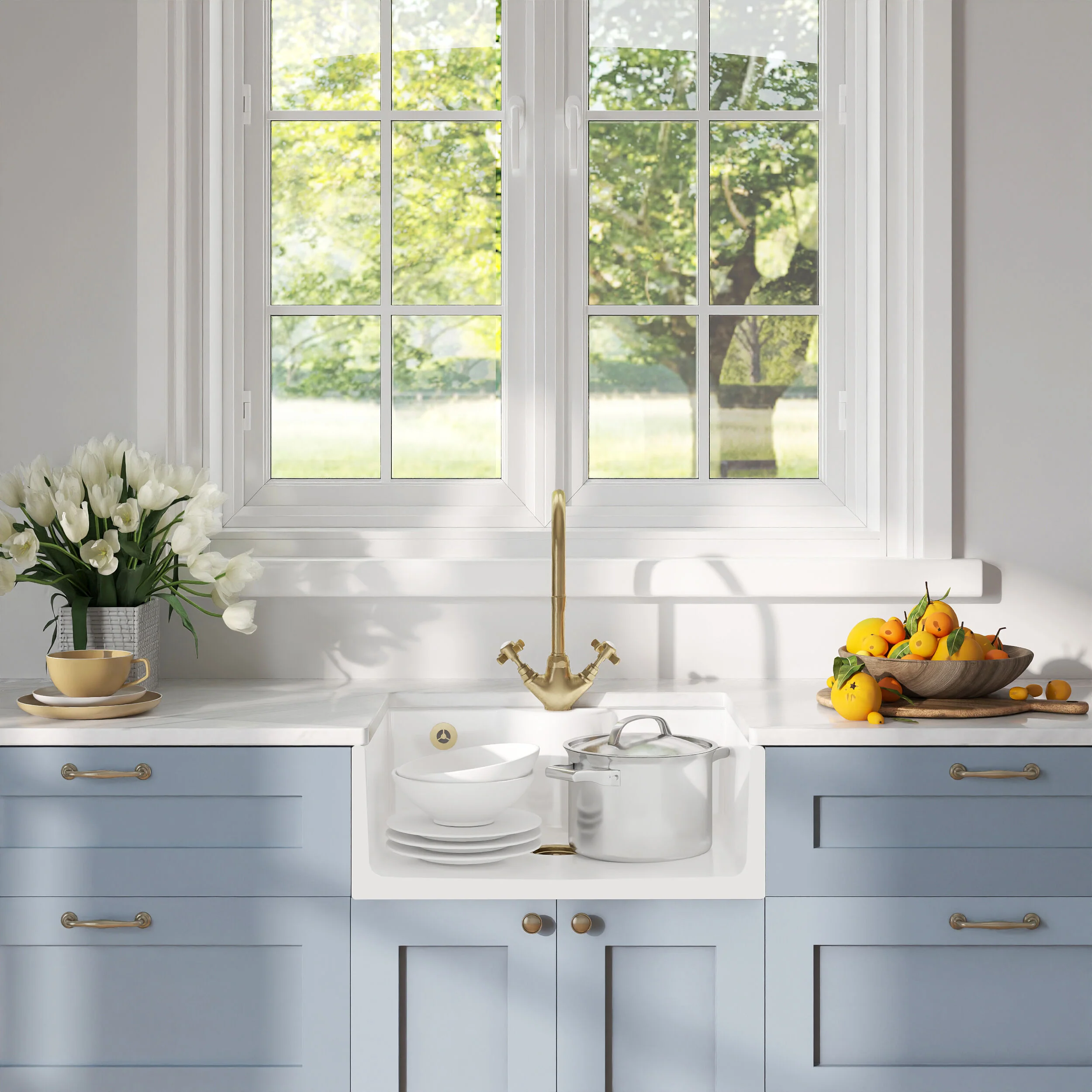 Traditional Fireclay Kitchen Bundle: Single Bowl Butler Sink with Overflow, Tap Hole, Waste & Mono Tap, 595mm - Brushed Brass - Image 2
