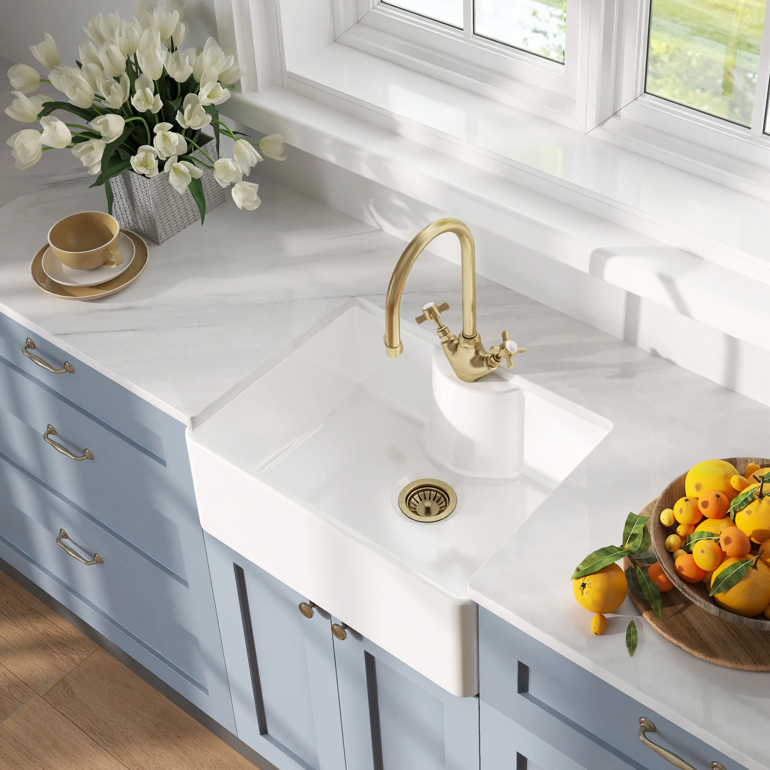 Traditional Fireclay Kitchen Bundle: Single Bowl Butler Sink with Overflow, Tap Hole, Waste & Mono Tap, 595mm - Brushed Brass - Image 3