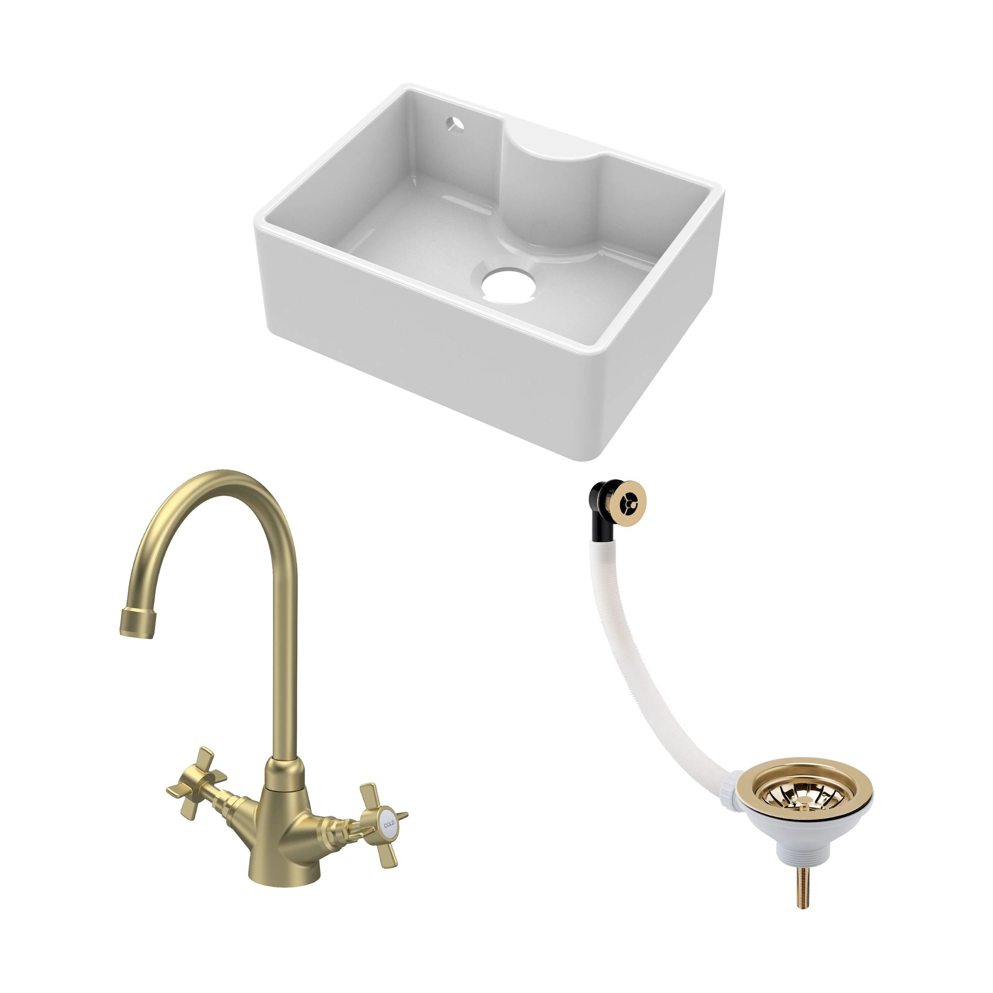 Traditional Fireclay Kitchen Bundle: Single Bowl Butler Sink with Overflow, Tap Ledge, Waste & Mono Tap, 595mm - Brushed Brass