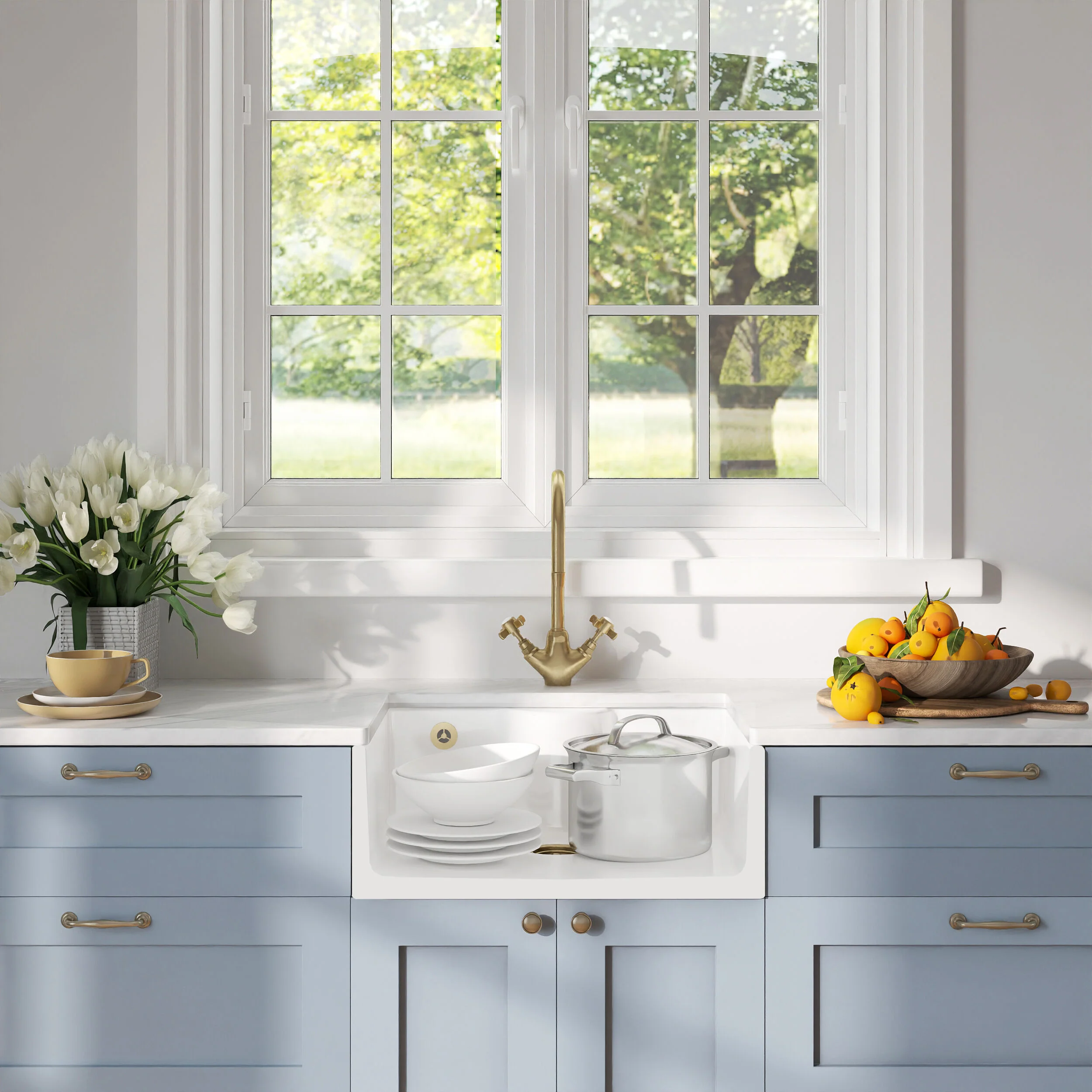 Traditional Fireclay Kitchen Bundle: Single Bowl Butler Sink with Overflow, Tap Ledge, Waste & Mono Tap, 595mm - Brushed Brass - Image 2